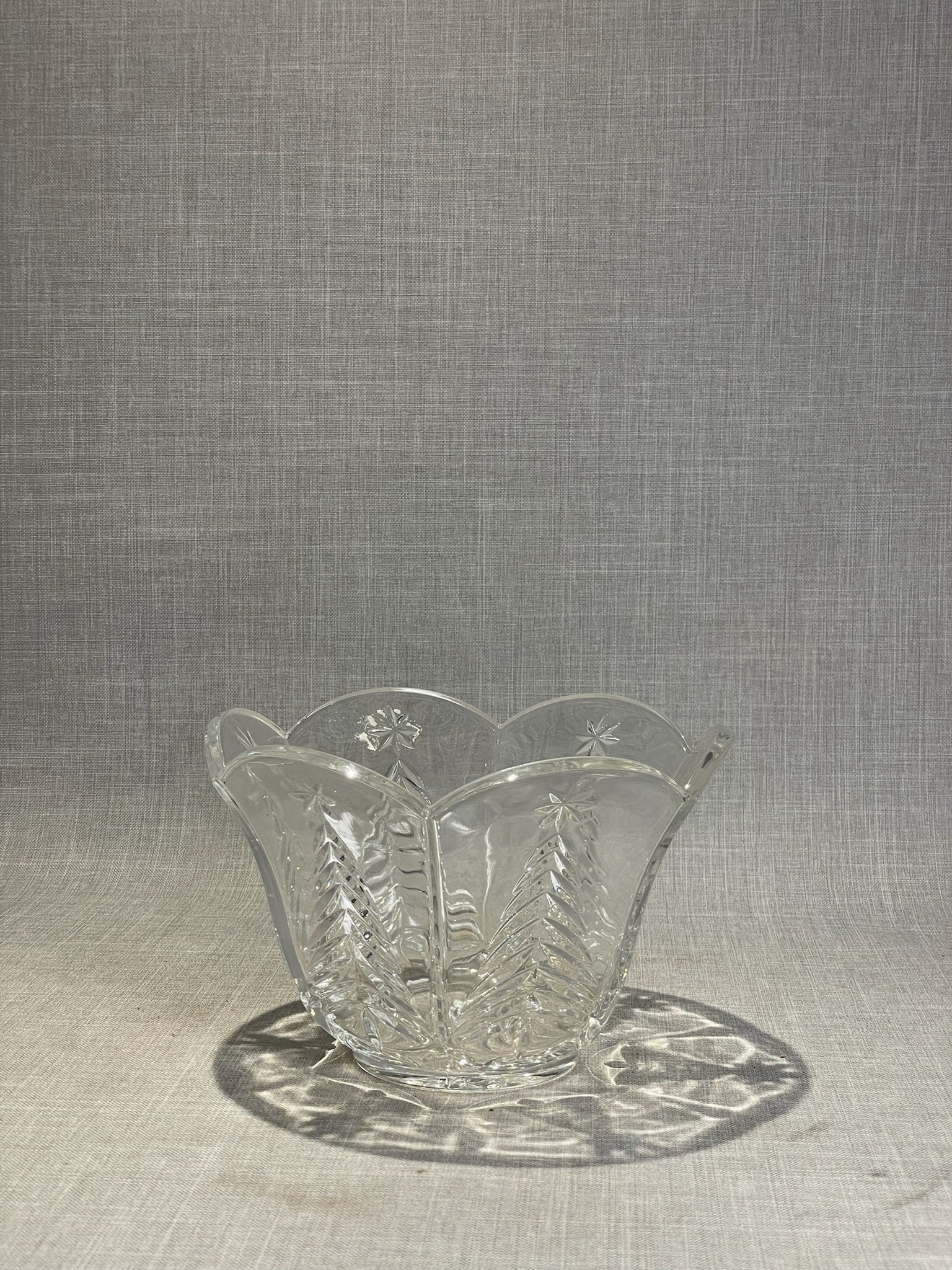 Elegant Vintage Pressed Glass Holiday Bowl with Scalloped Rim, Christmas Tree & Star Motifs