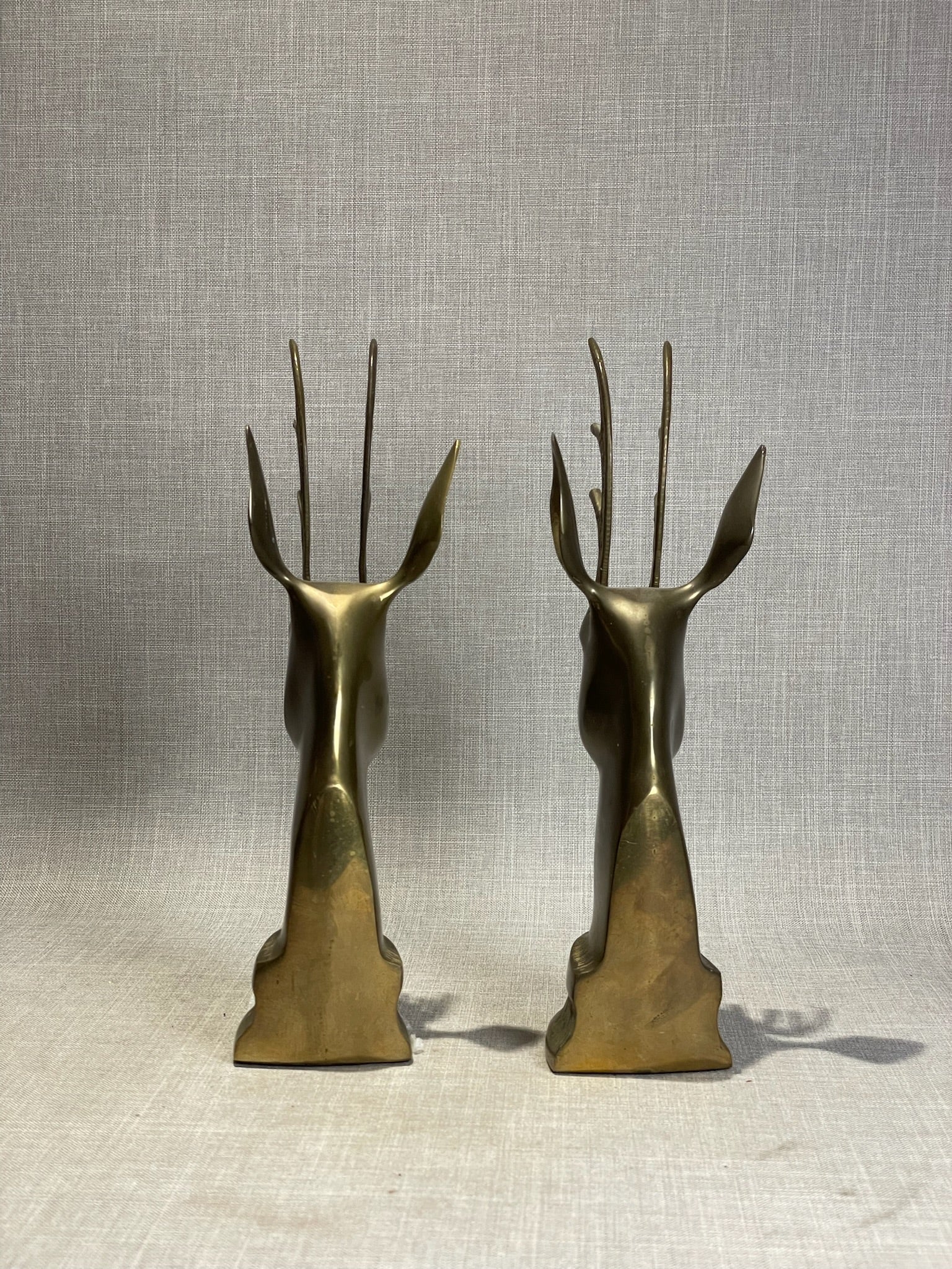 Vintage Brass Stag Head Sculpture Pair – Tall Deer Bust Figurines with Elegant Antlers
