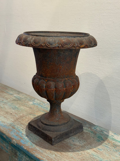 Antique French Neoclassical Cast Iron Mini Urn Planter – Aged Patina