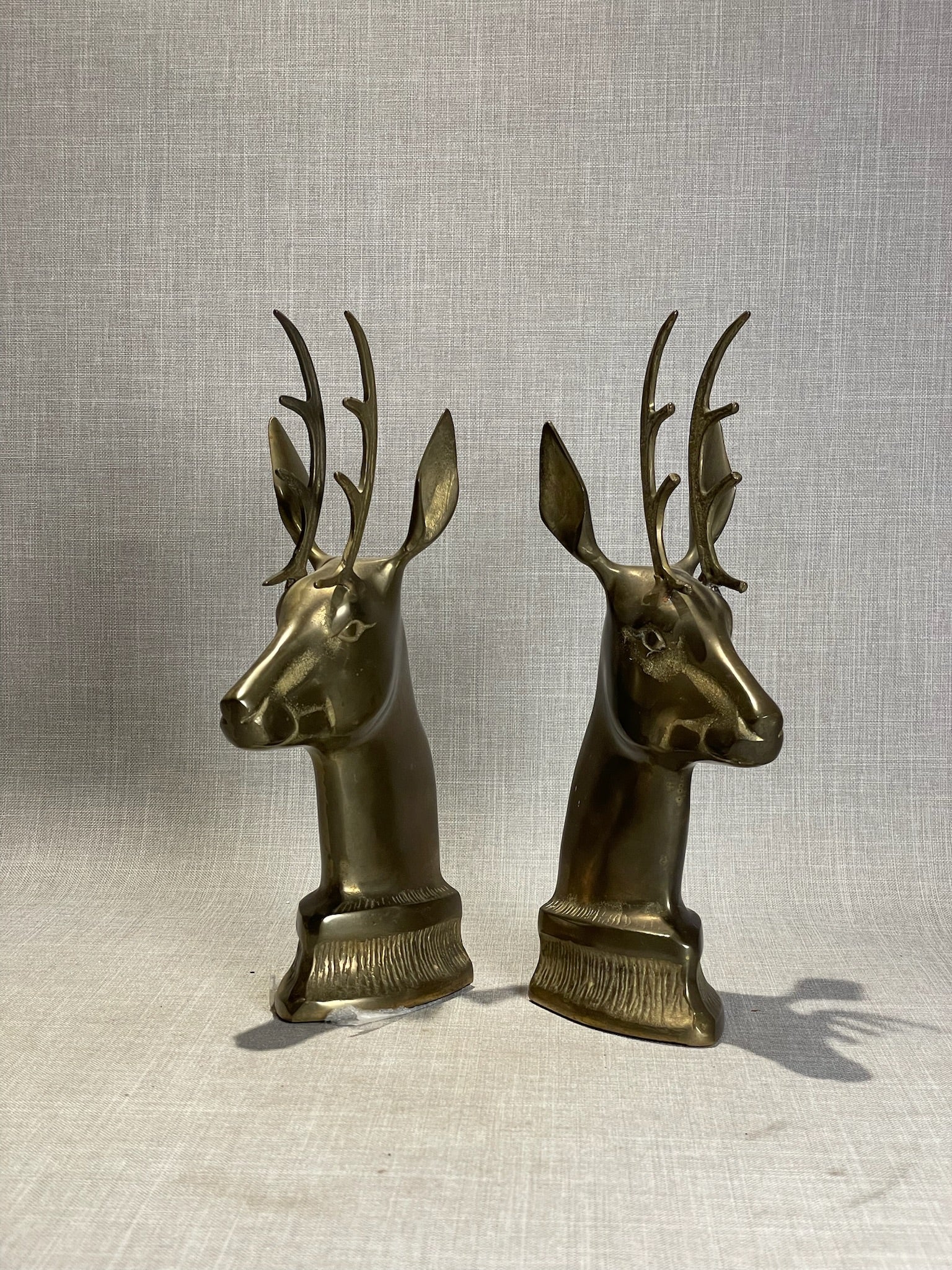 Vintage Brass Stag Head Sculpture Pair – Tall Deer Bust Figurines with Elegant Antlers