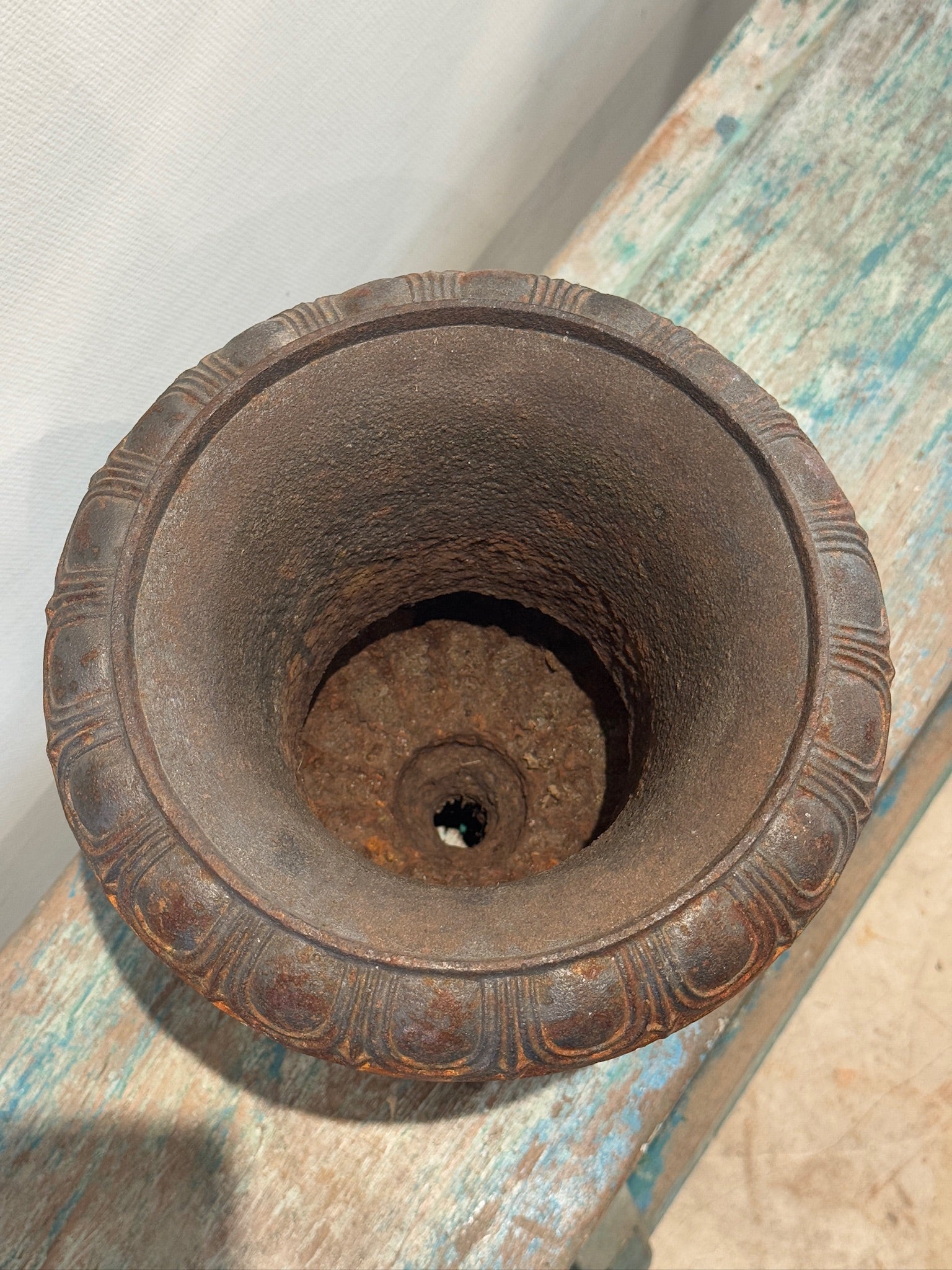 Antique French Neoclassical Cast Iron Mini Urn Planter – Aged Patina showing interior view and rustic design details. hommes + gardens estudio.