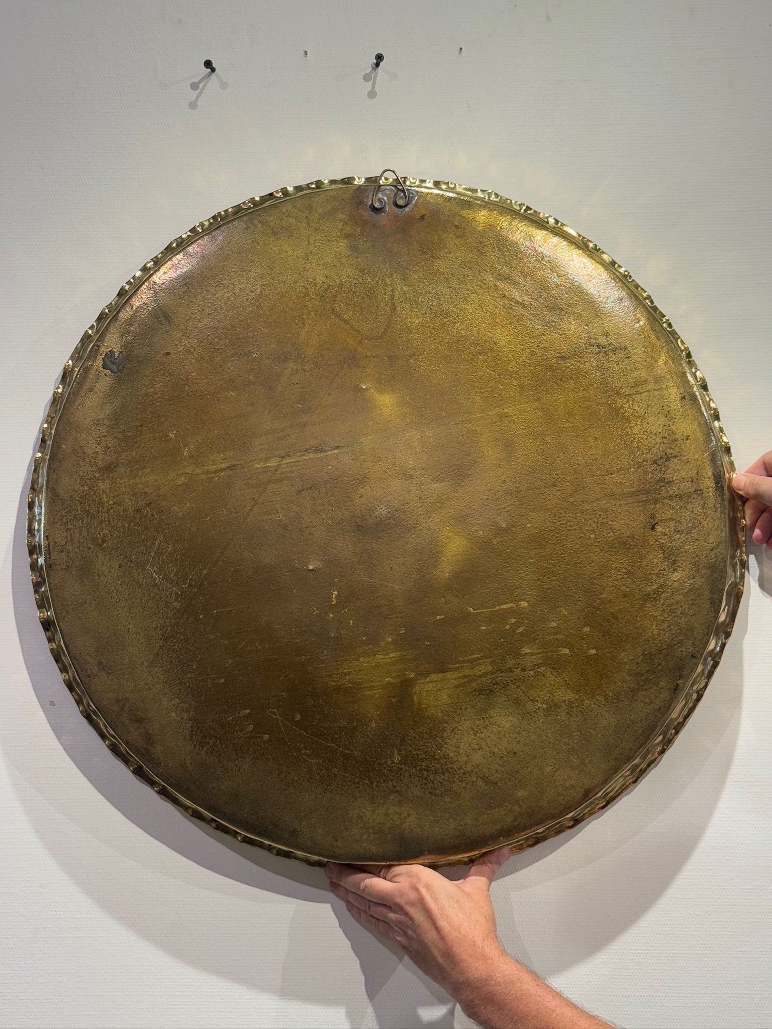 Large Antique Middle Eastern Brass Tray – Hand-Etched Islamic Geometric and Calligraphic Design, Wall or Table Display, hommes + gardens estudio.