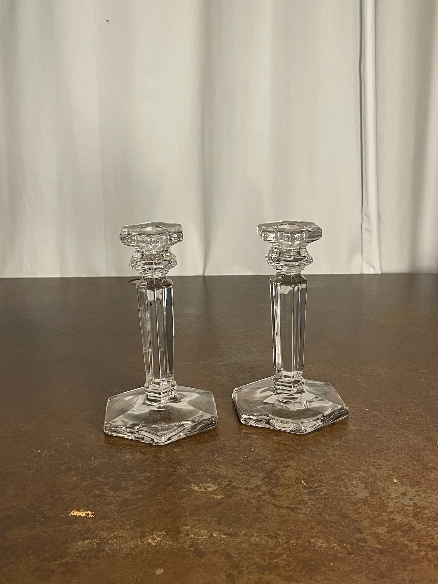 Vintage Clear Pressed Glass Hexagonal Candlestick Pair – Faceted Column Design