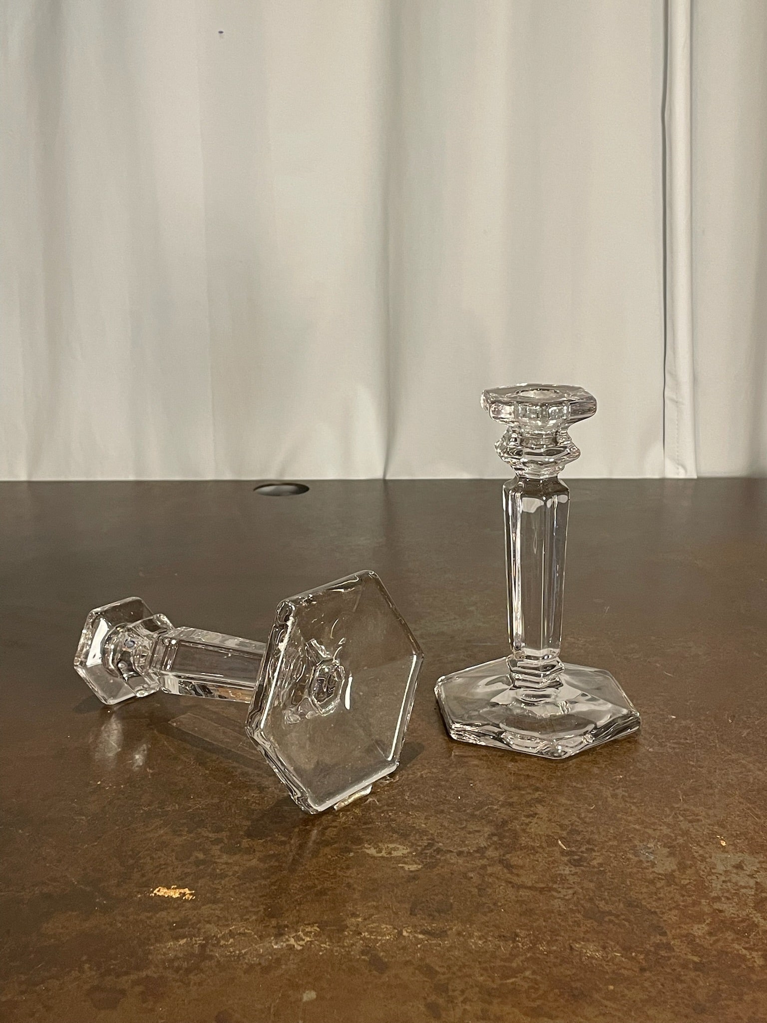 Vintage Clear Pressed Glass Hexagonal Candlestick Pair – Faceted Column Design