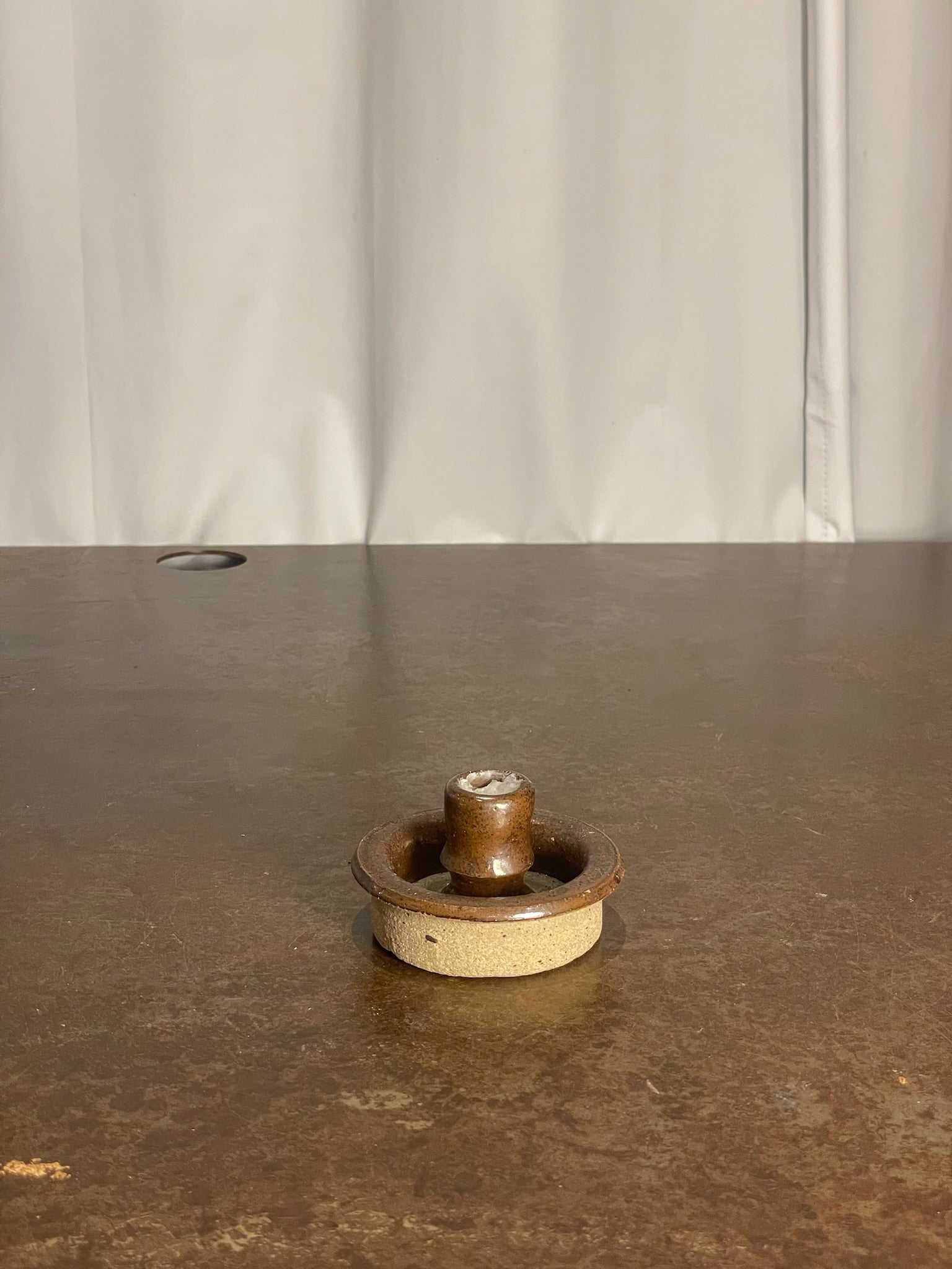 Vintage Stoneware Candlestick Holder with Rustic Brown Glaze