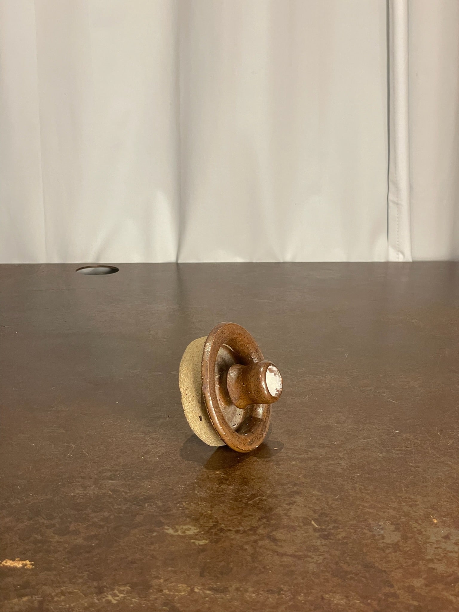 Vintage Stoneware Candlestick Holder with Rustic Brown Glaze