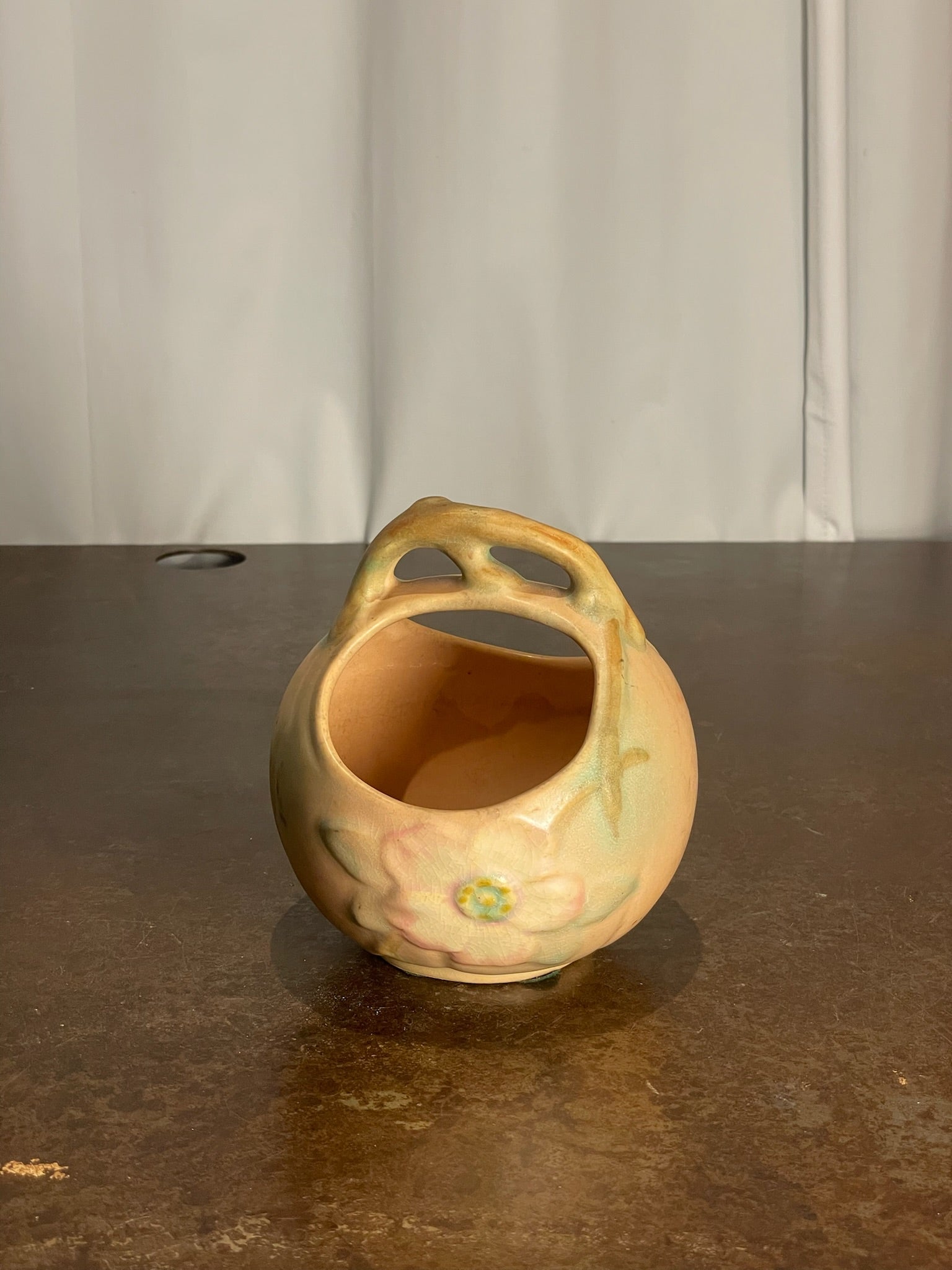 Weller Pottery Ceramic Glazed Sphere Vessel with Openwork Handle and Floral Motif