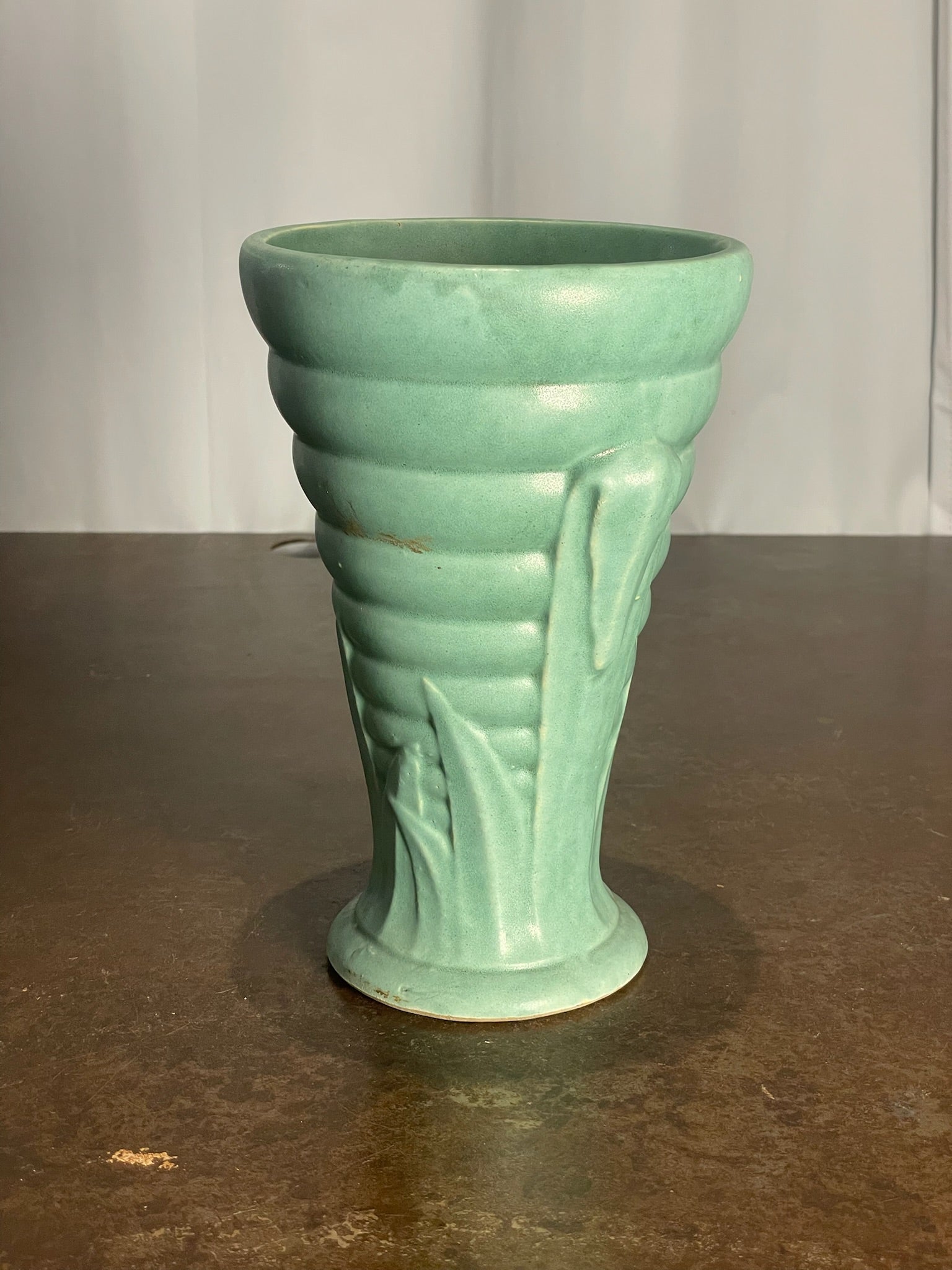 Brush McCoy Mid-Century Modern Green Matte Ribbed Ceramic Vase with Leaf Relief