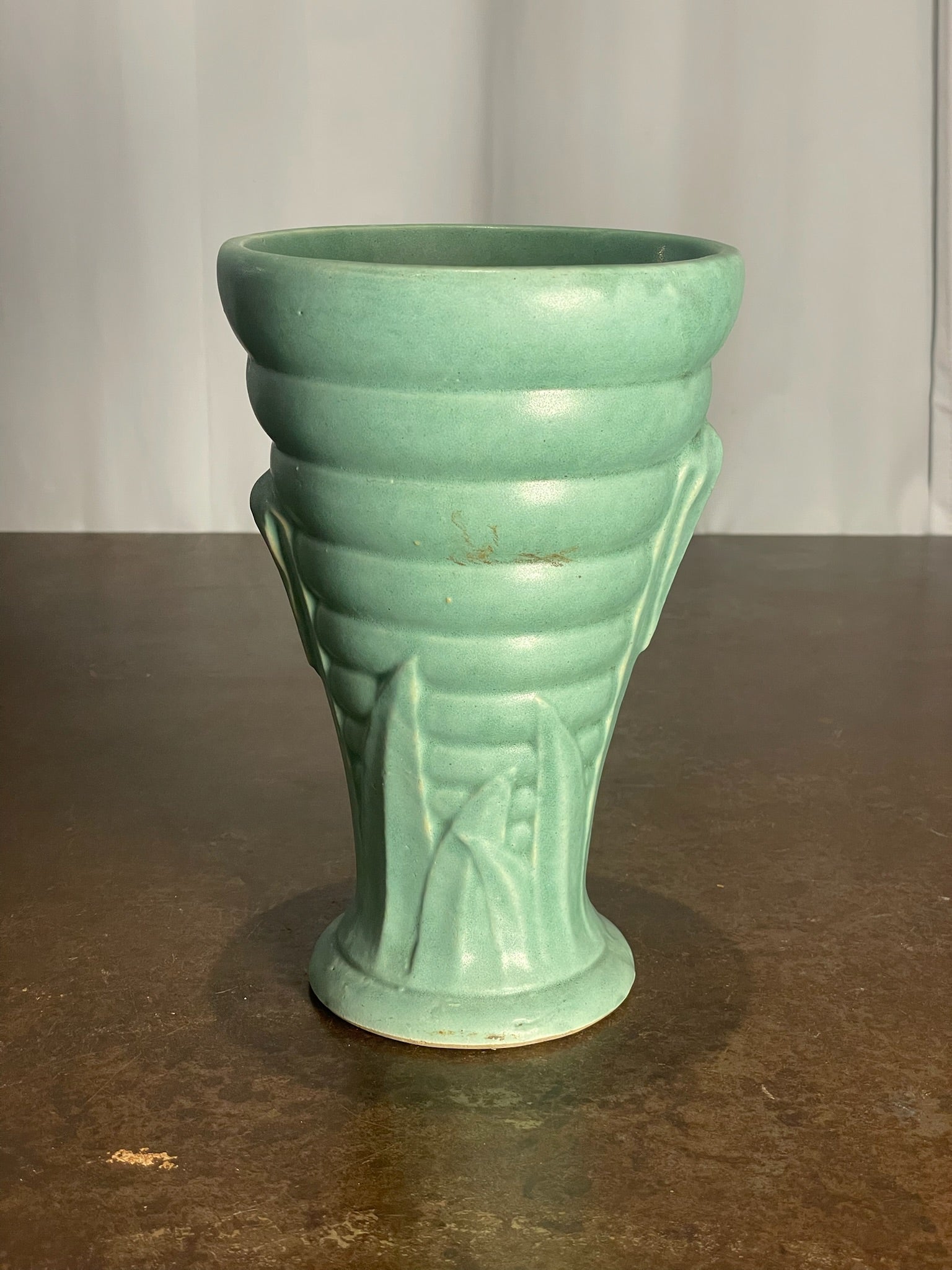 Brush McCoy Mid-Century Modern Green Matte Ribbed Ceramic Vase with Leaf Relief
