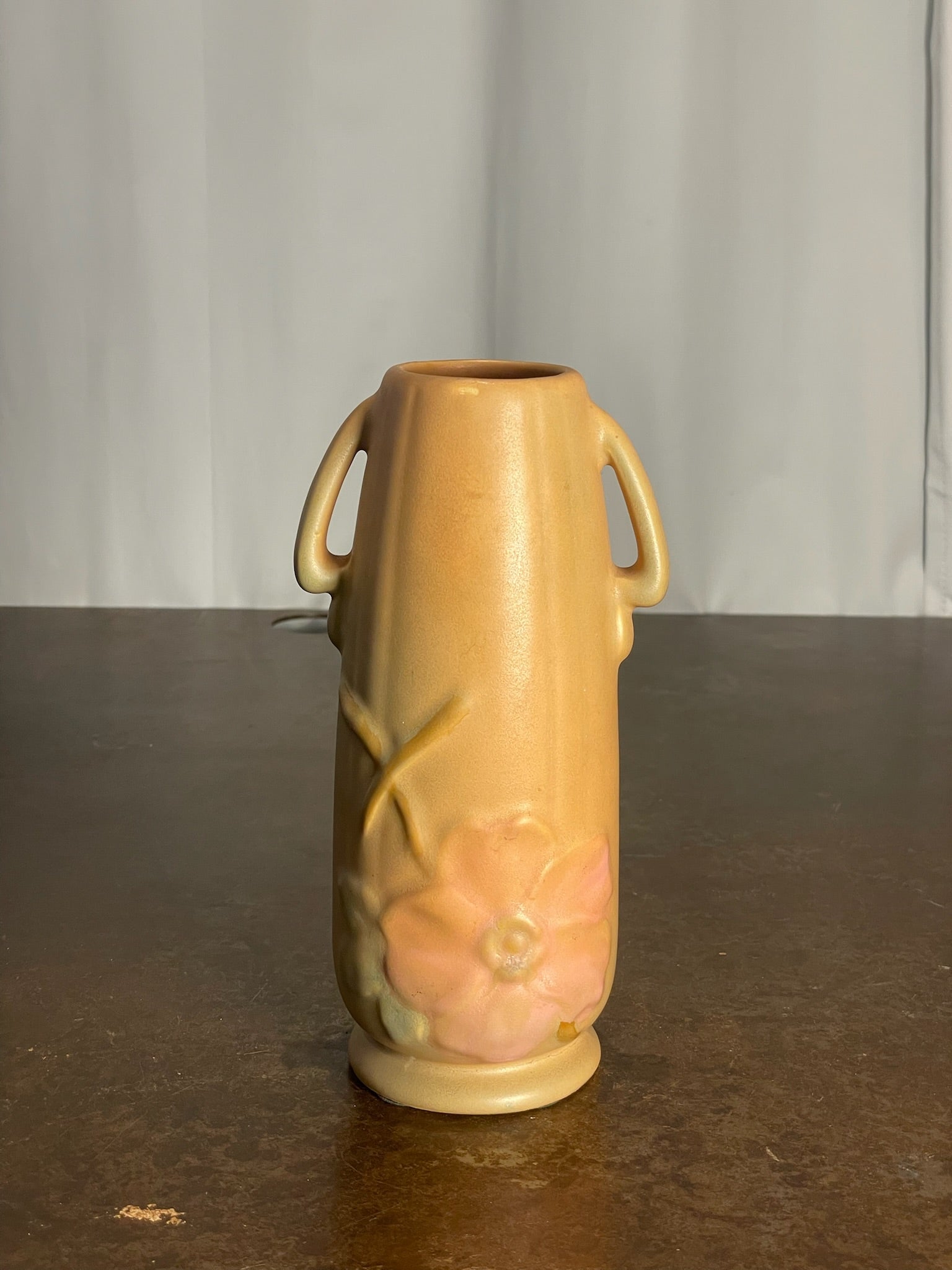 Weller Pottery Matte Glazed Art Pottery Vase with Applied Floral Relief & Dual Handles c. 1940's