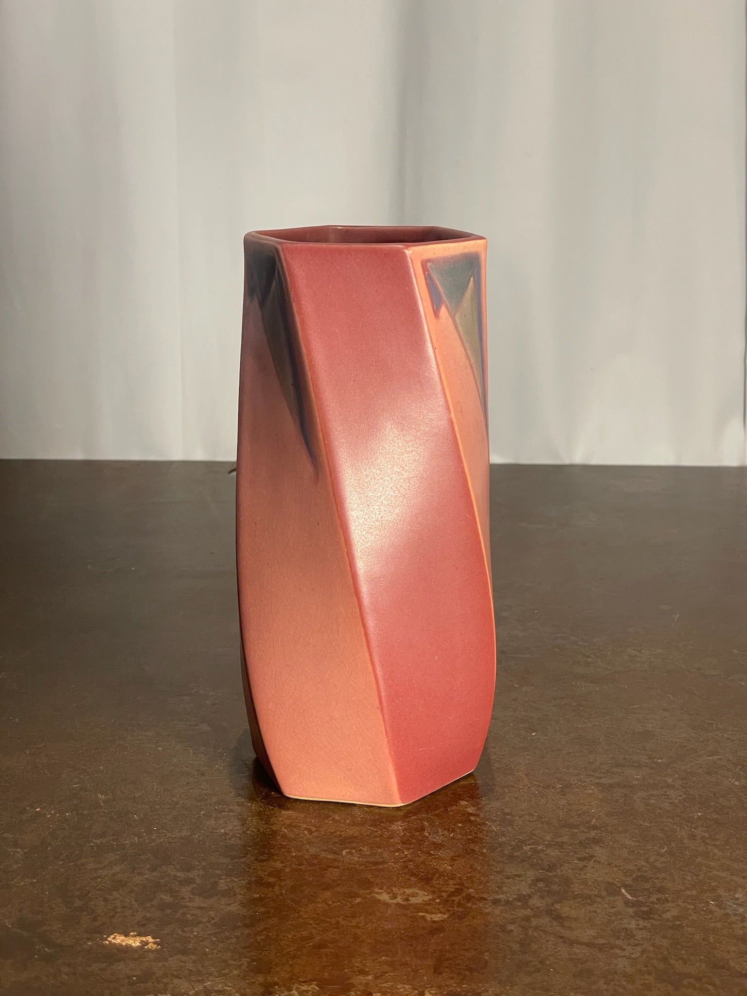 Roseville Pottery Futura Sculptural Twist Vase in Matte Raspberry Pink Glaze, c1924
