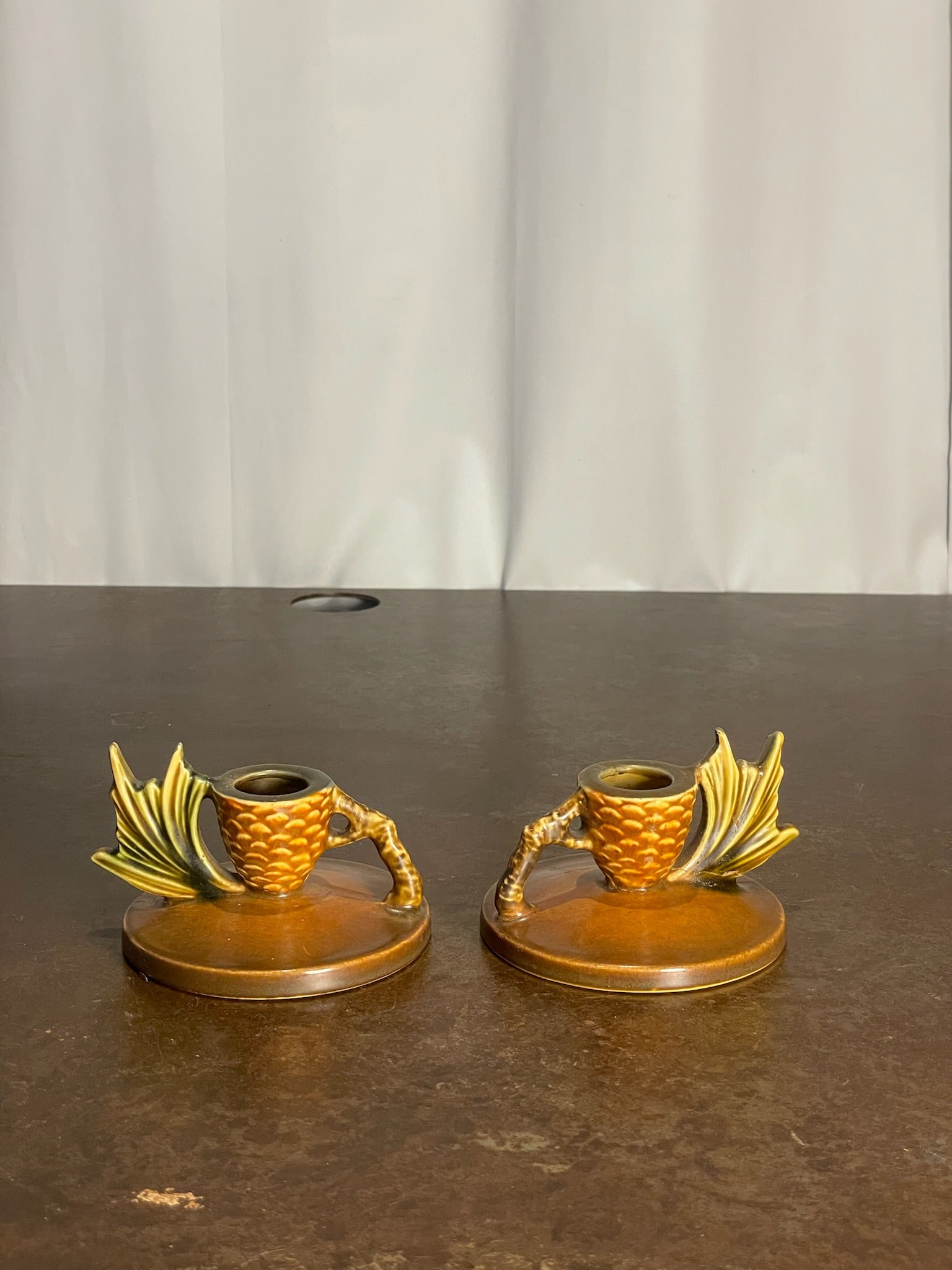 Pair of Roseville Pottery Pinecone Pattern Candlestick Holders - 1123