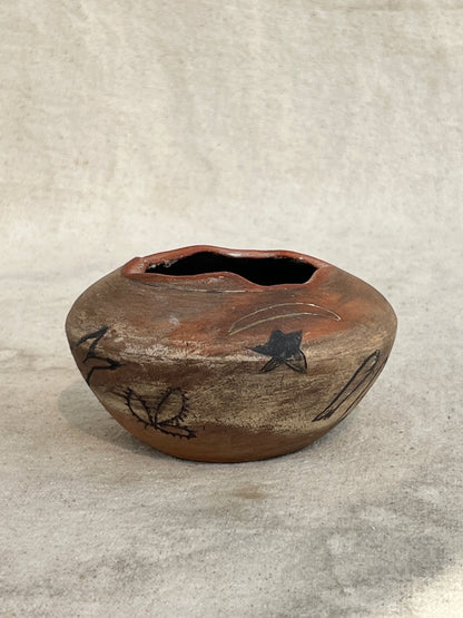 Vintage Clay Vase with Primitive Drawings (Signed)