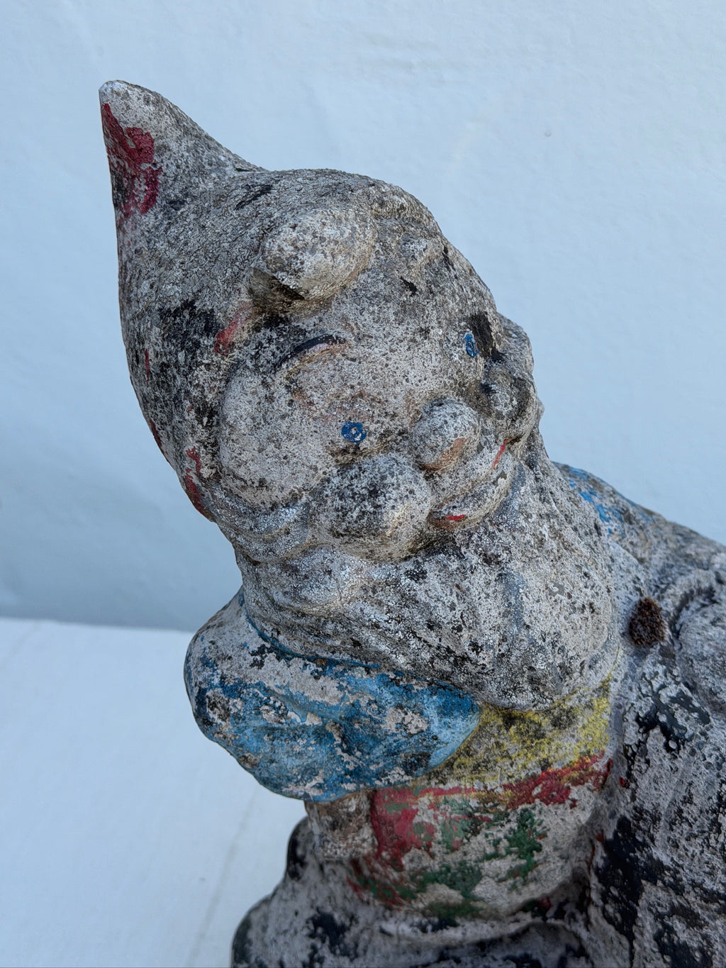 Antique 1970s Painted Concrete Garden Gnome with Barrel Statue