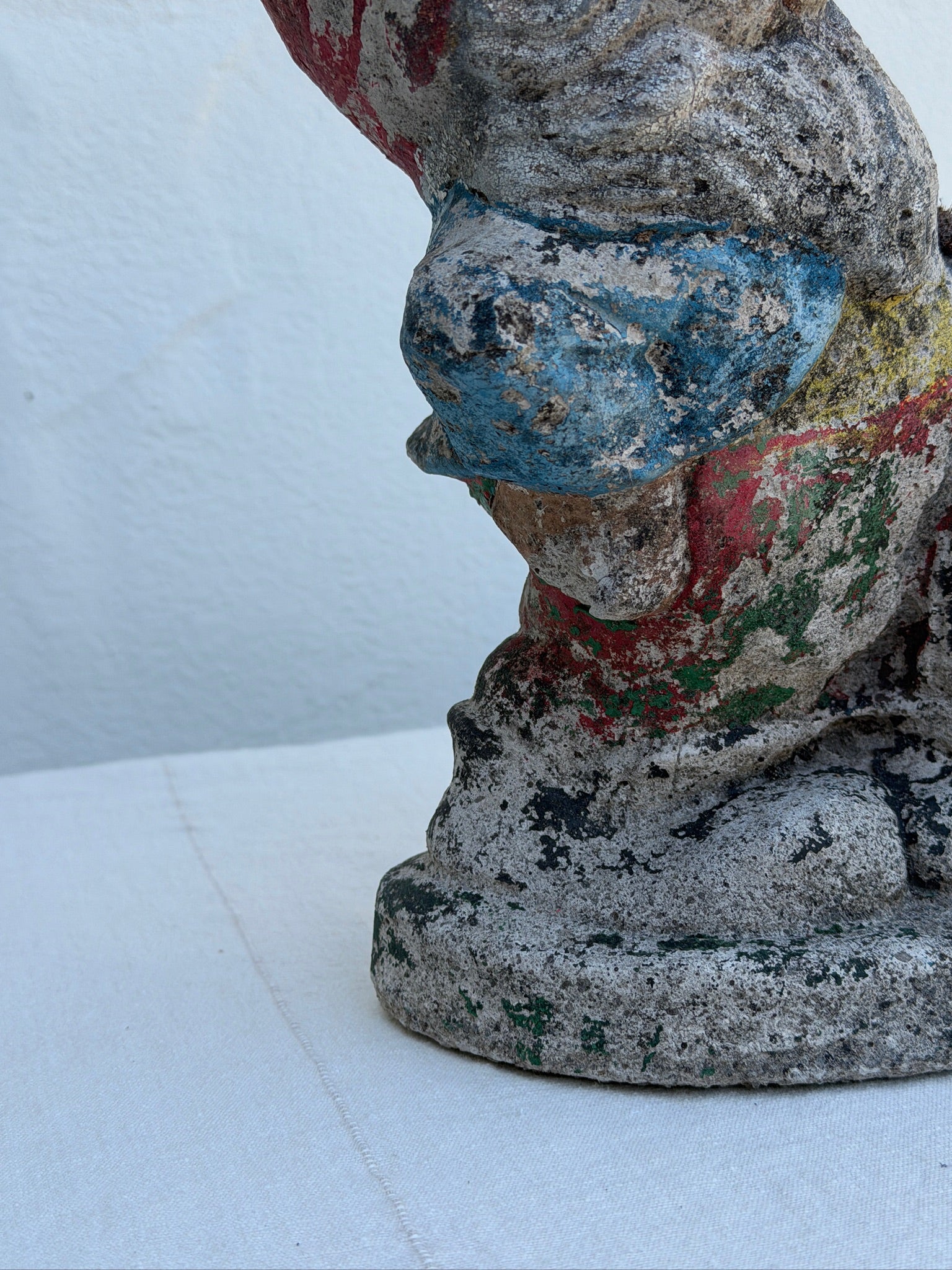 Antique 1970s Painted Concrete Garden Gnome with Barrel Statue