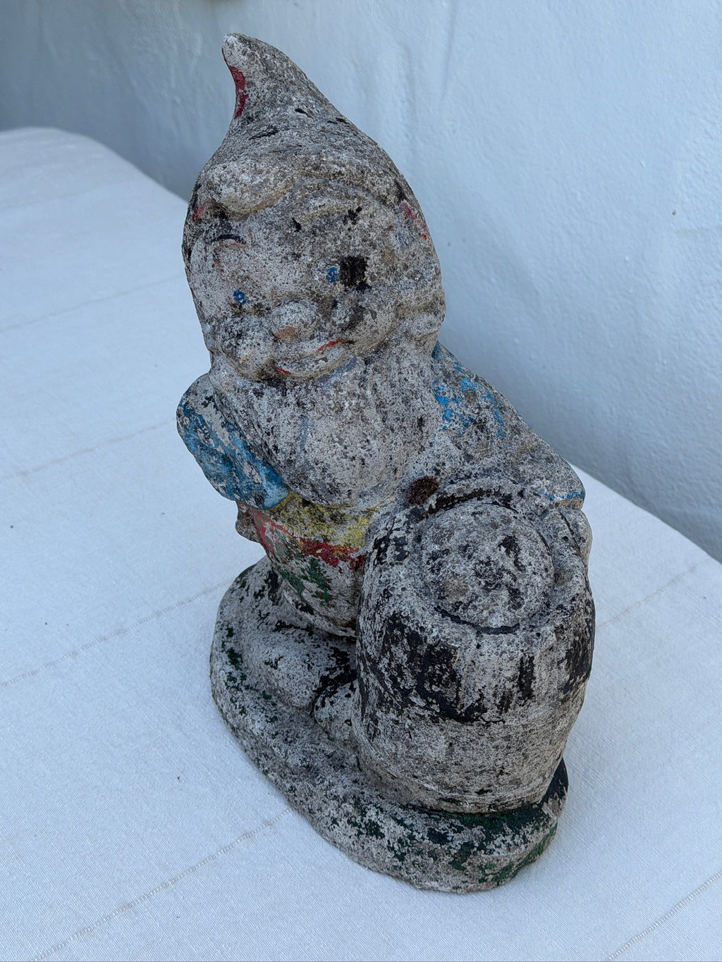 Antique 1970s Painted Concrete Garden Gnome with Barrel Statue