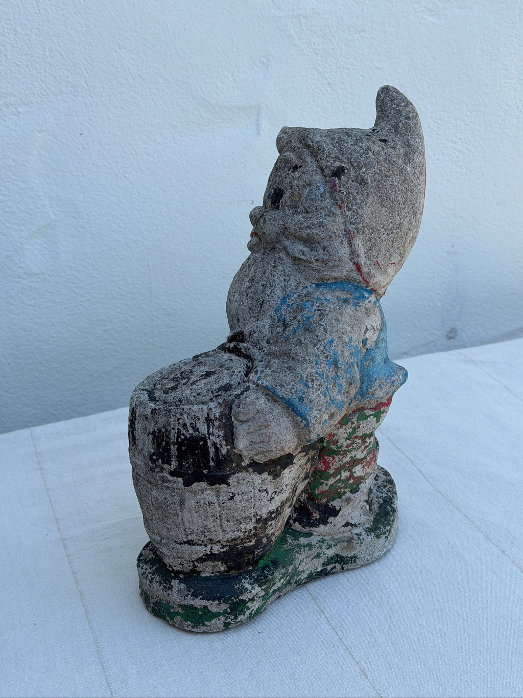 Antique 1970s Painted Concrete Garden Gnome with Barrel Statue