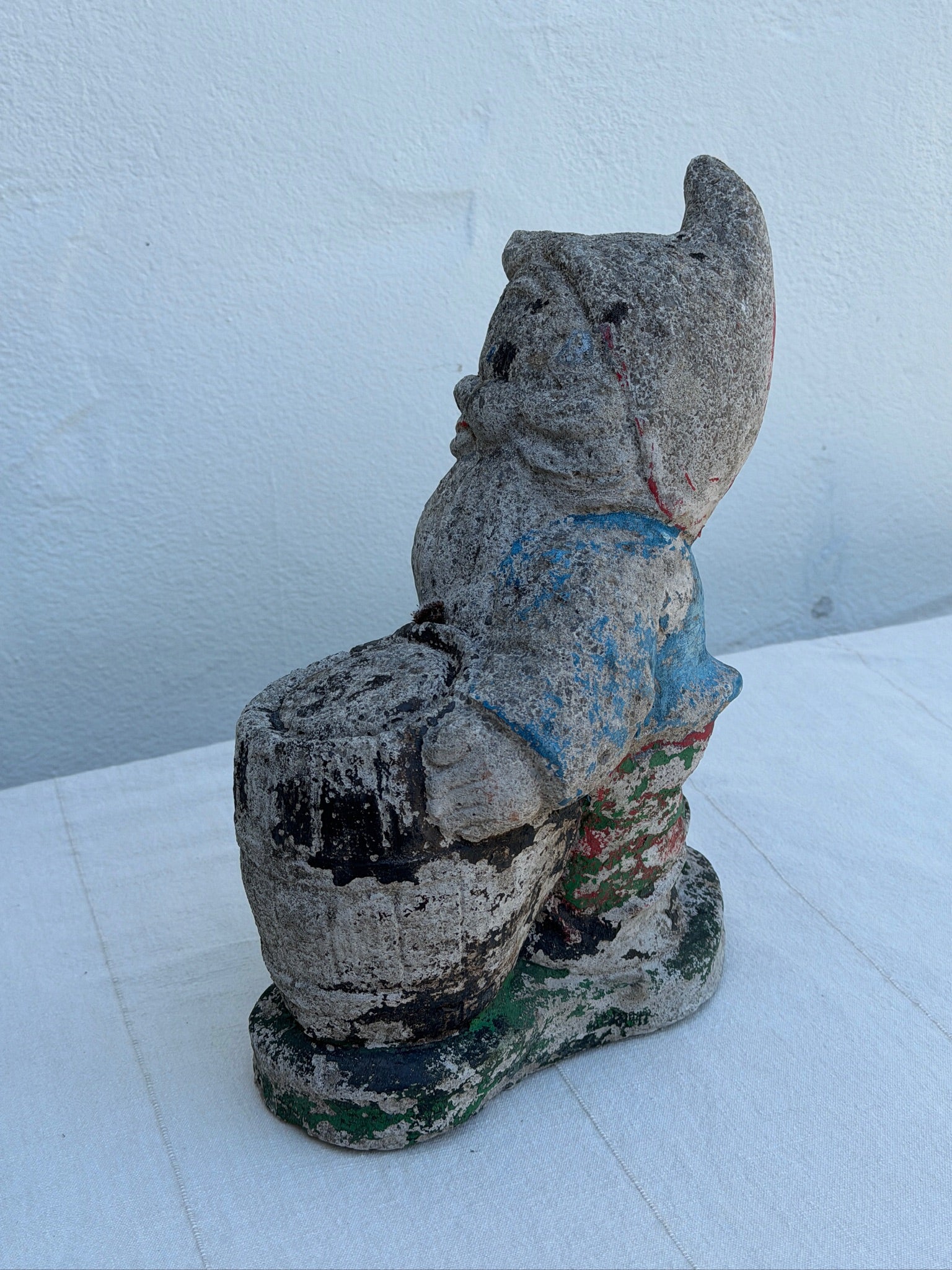 Antique 1970s Painted Concrete Garden Gnome with Barrel Statue