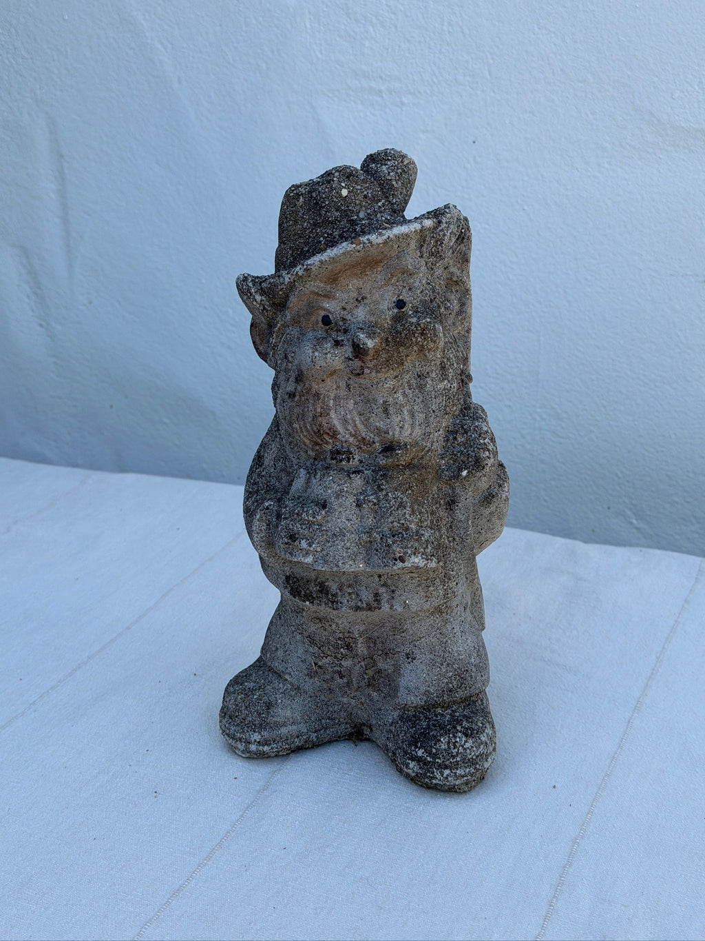 Antique 1970s Concrete Garden Gnome Statue with Hat and Lantern