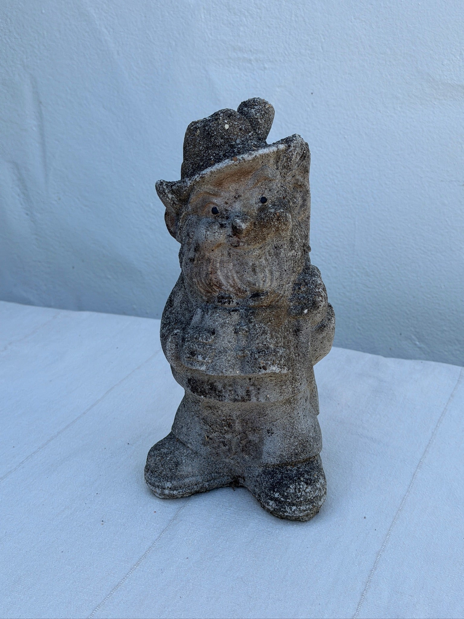 Antique 1970s Concrete Garden Gnome Statue with Hat and Lantern