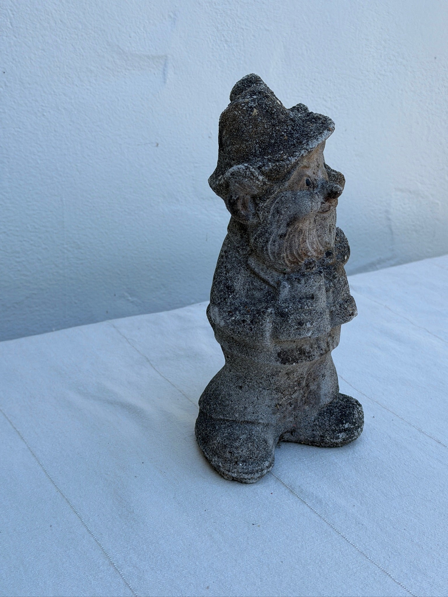 Antique 1970s Concrete Garden Gnome Statue with Hat and Lantern