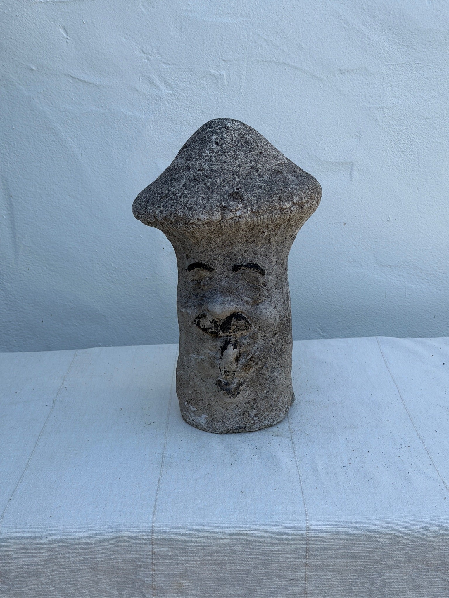 Vintage Concrete Mushroom Face Garden Statue with Rustic Weathered Patina
