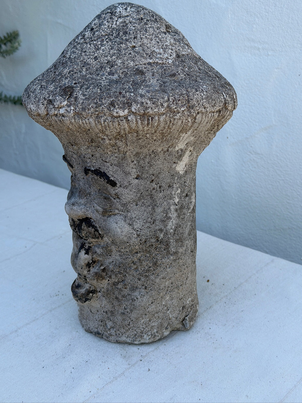 Vintage Concrete Mushroom Face Garden Statue with Rustic Weathered Patina