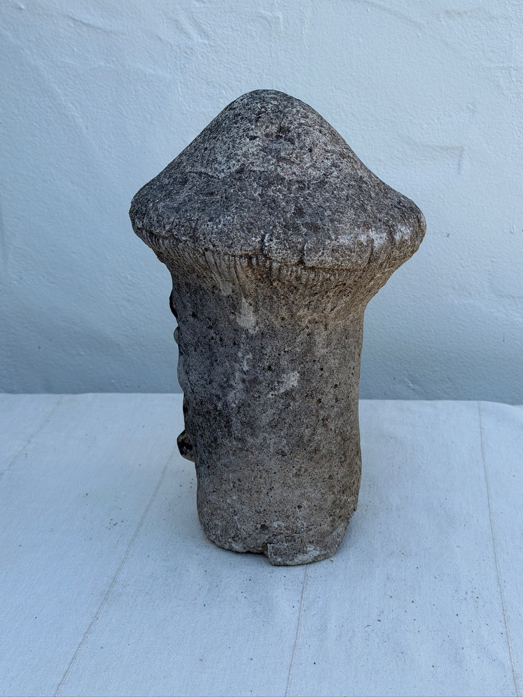 Vintage Concrete Mushroom Face Garden Statue with Rustic Weathered Patina