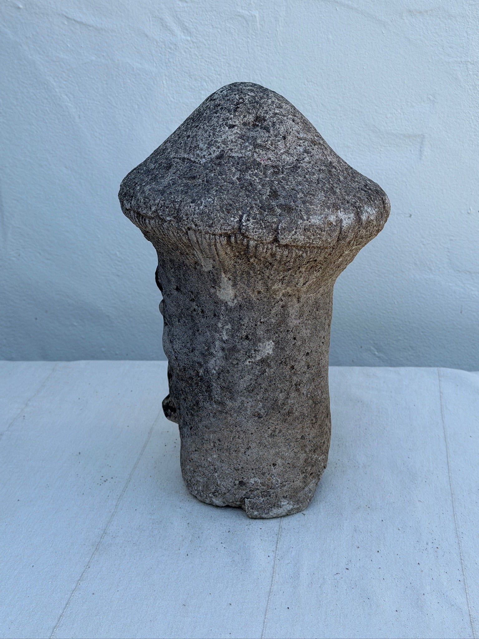 Vintage Concrete Mushroom Face Garden Statue with Rustic Weathered Patina