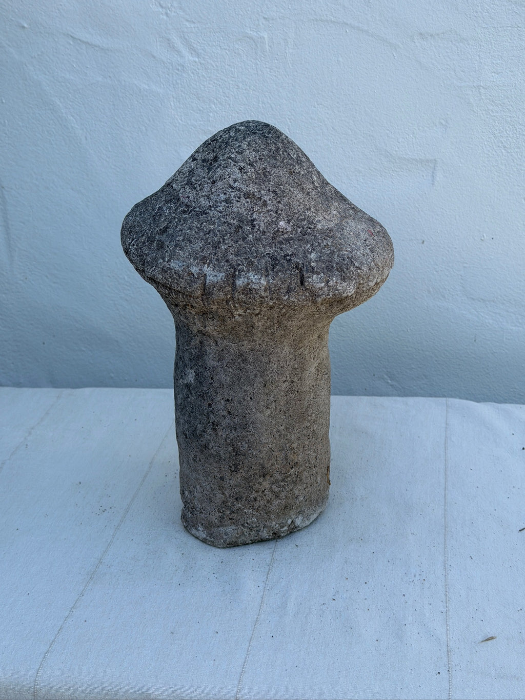 Vintage Concrete Mushroom Face Garden Statue with Rustic Weathered Patina