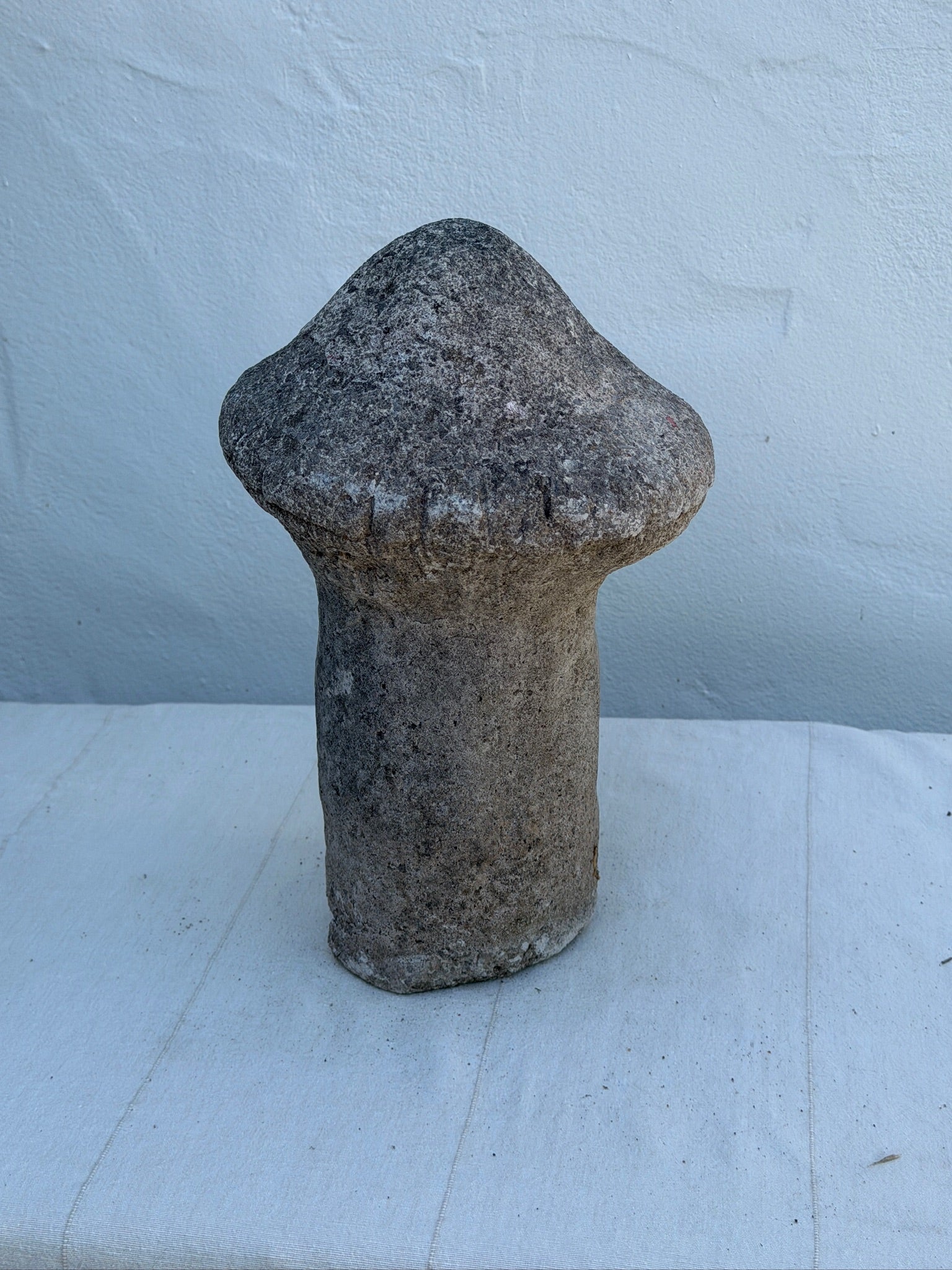 Vintage Concrete Mushroom Face Garden Statue with Rustic Weathered Patina