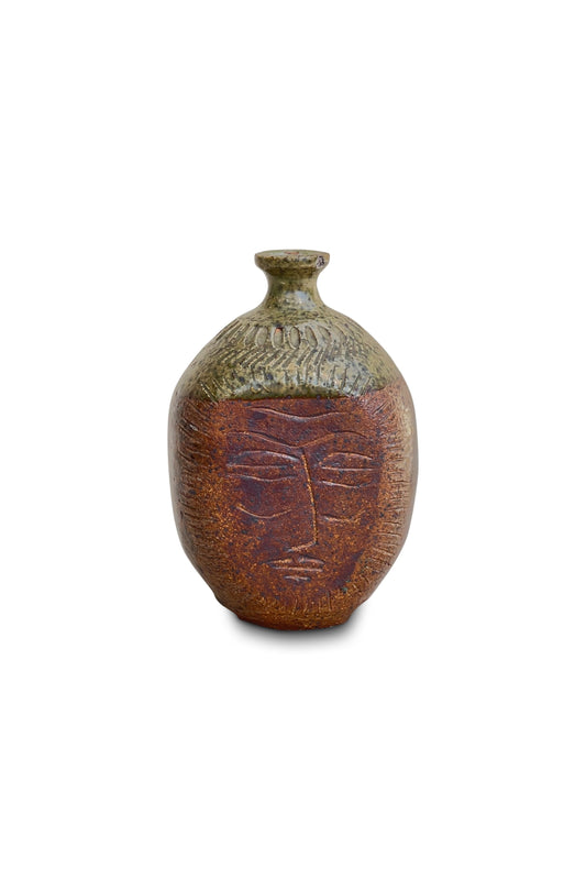 Ceramic Stoneware Bud Vase with Engraved Face Design by E. Harris