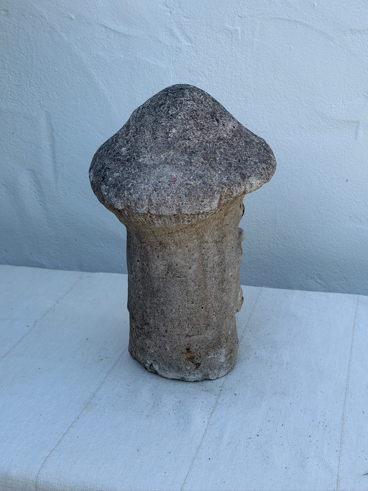 Vintage Concrete Mushroom Face Garden Statue with Rustic Weathered Patina