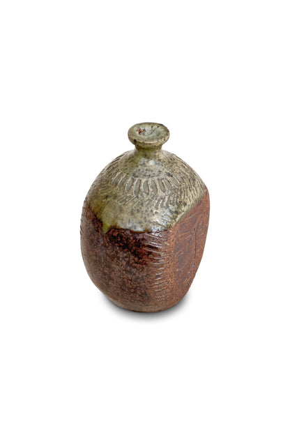 Ceramic Stoneware Bud Vase with Engraved Face Design by E. Harris