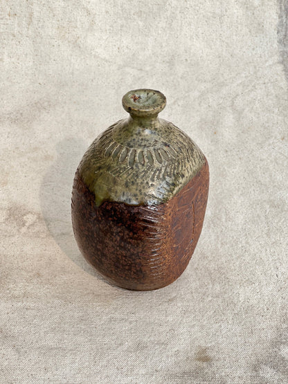 Ceramic Stoneware Bud Vase with Engraved Face Design by E. Harris