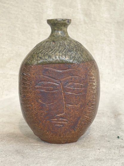 Ceramic Stoneware Bud Vase with Engraved Face Design by E. Harris