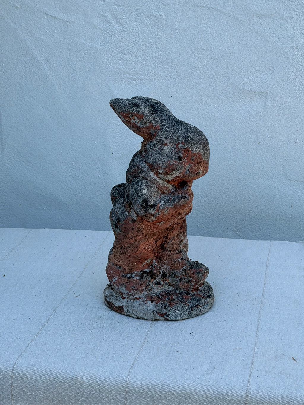 Antique 1970s Painted Concrete Rabbit Garden Statue with Weathered Patina