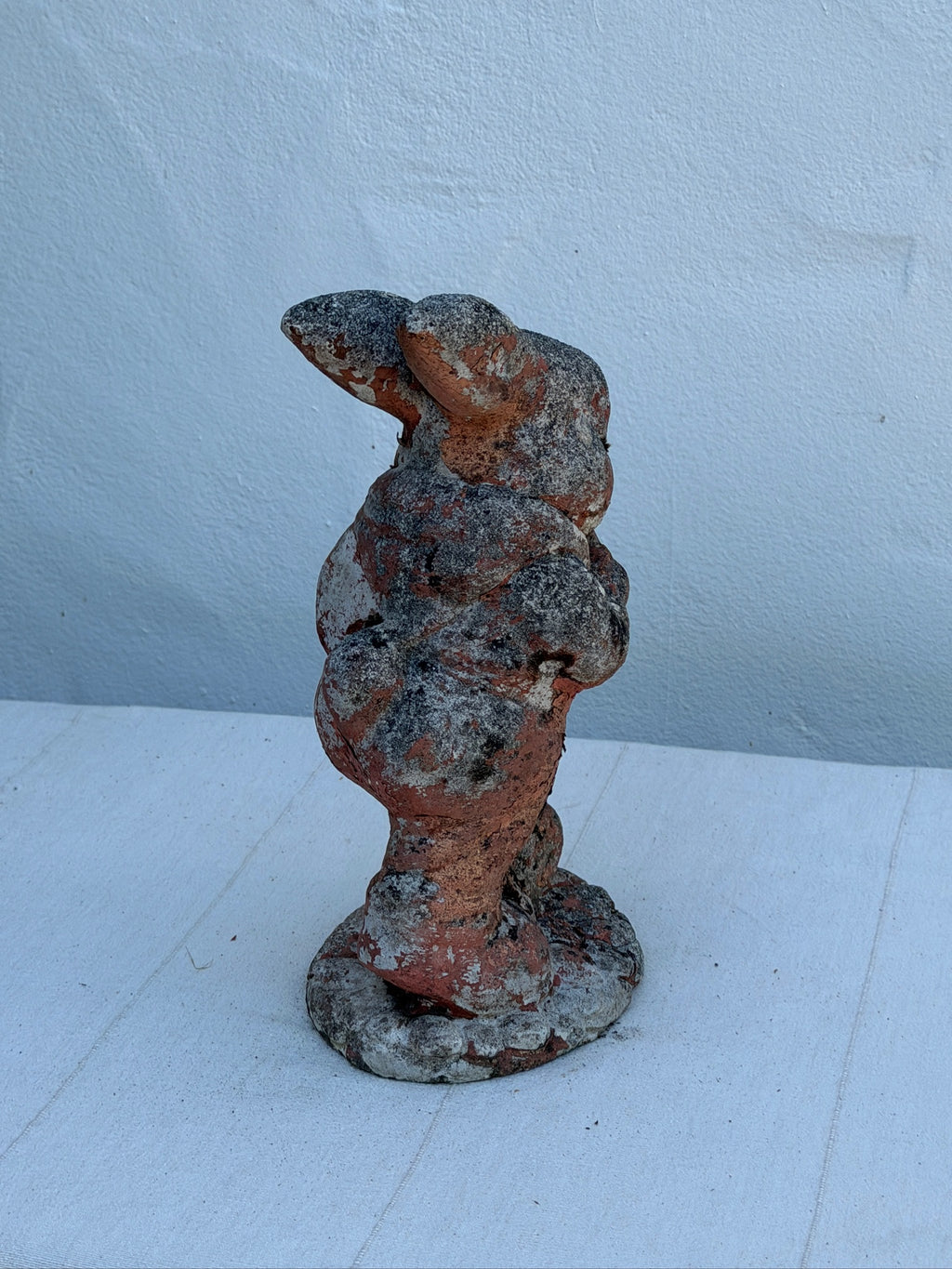 Antique 1970s Painted Concrete Rabbit Garden Statue with Weathered Patina