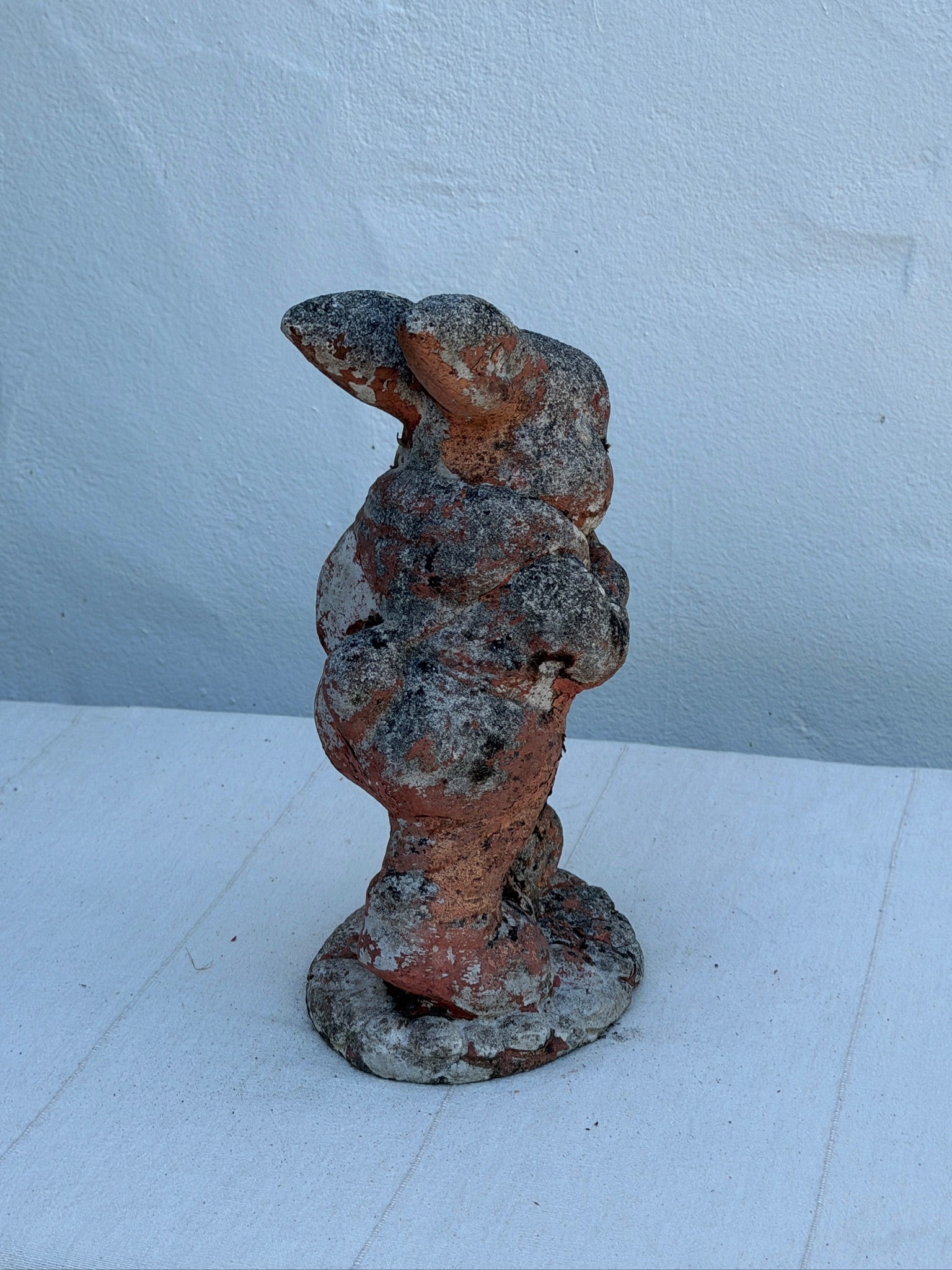 Antique 1970s Painted Concrete Rabbit Garden Statue with Weathered Patina