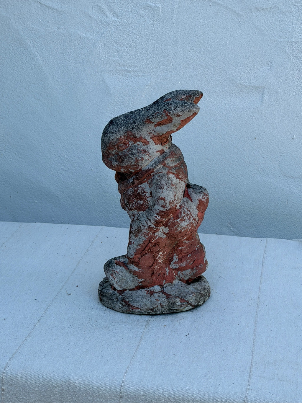 Antique 1970s Painted Concrete Rabbit Garden Statue with Weathered Patina