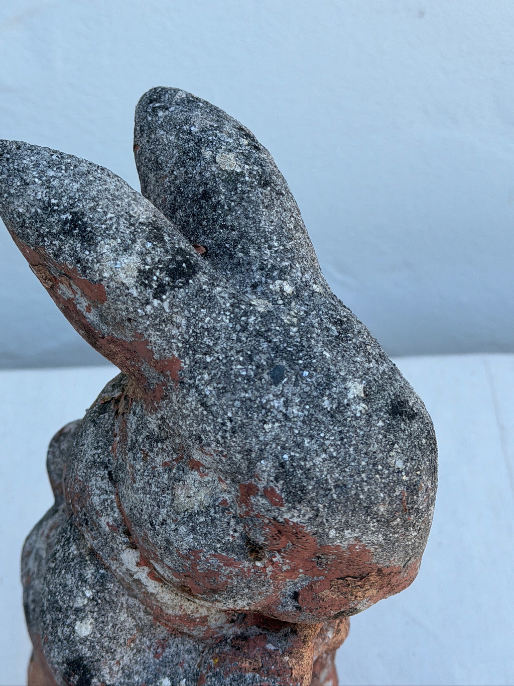 Antique 1970s Painted Concrete Rabbit Garden Statue with Weathered Patina