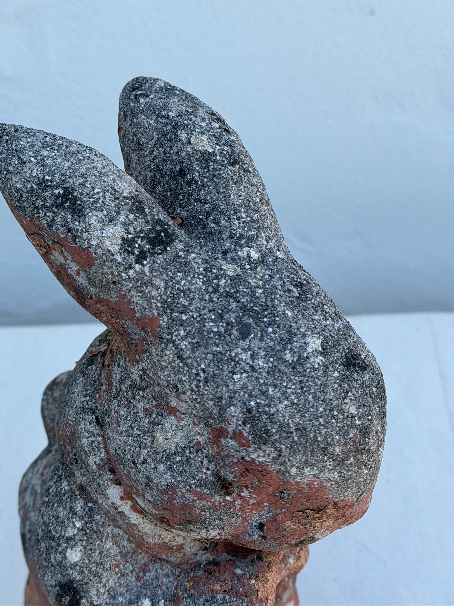 Antique 1970s Painted Concrete Rabbit Garden Statue with Weathered Patina
