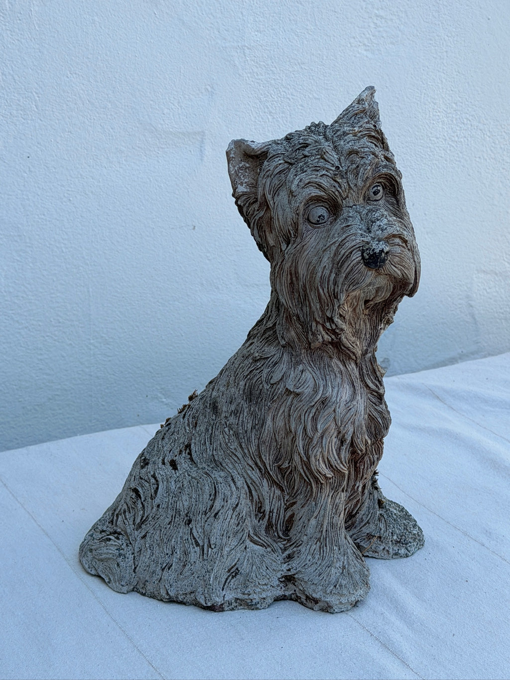 Weathered Concrete Terrier Dog Garden Statue with Hand-Finished Textured Fur