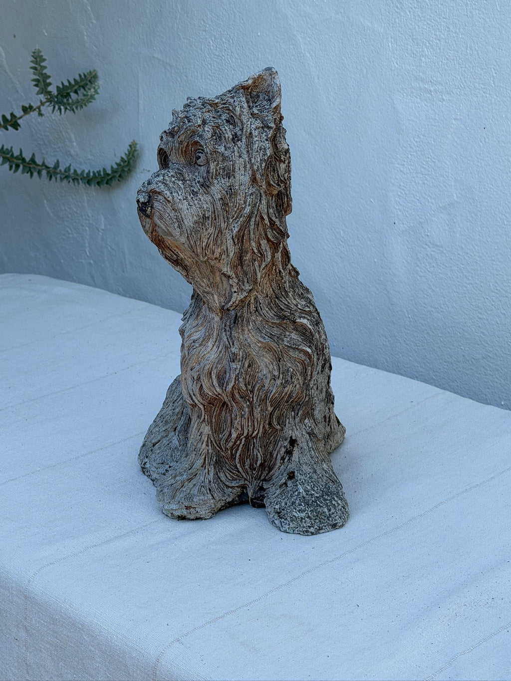 Weathered Concrete Terrier Dog Garden Statue with Hand-Finished Textured Fur