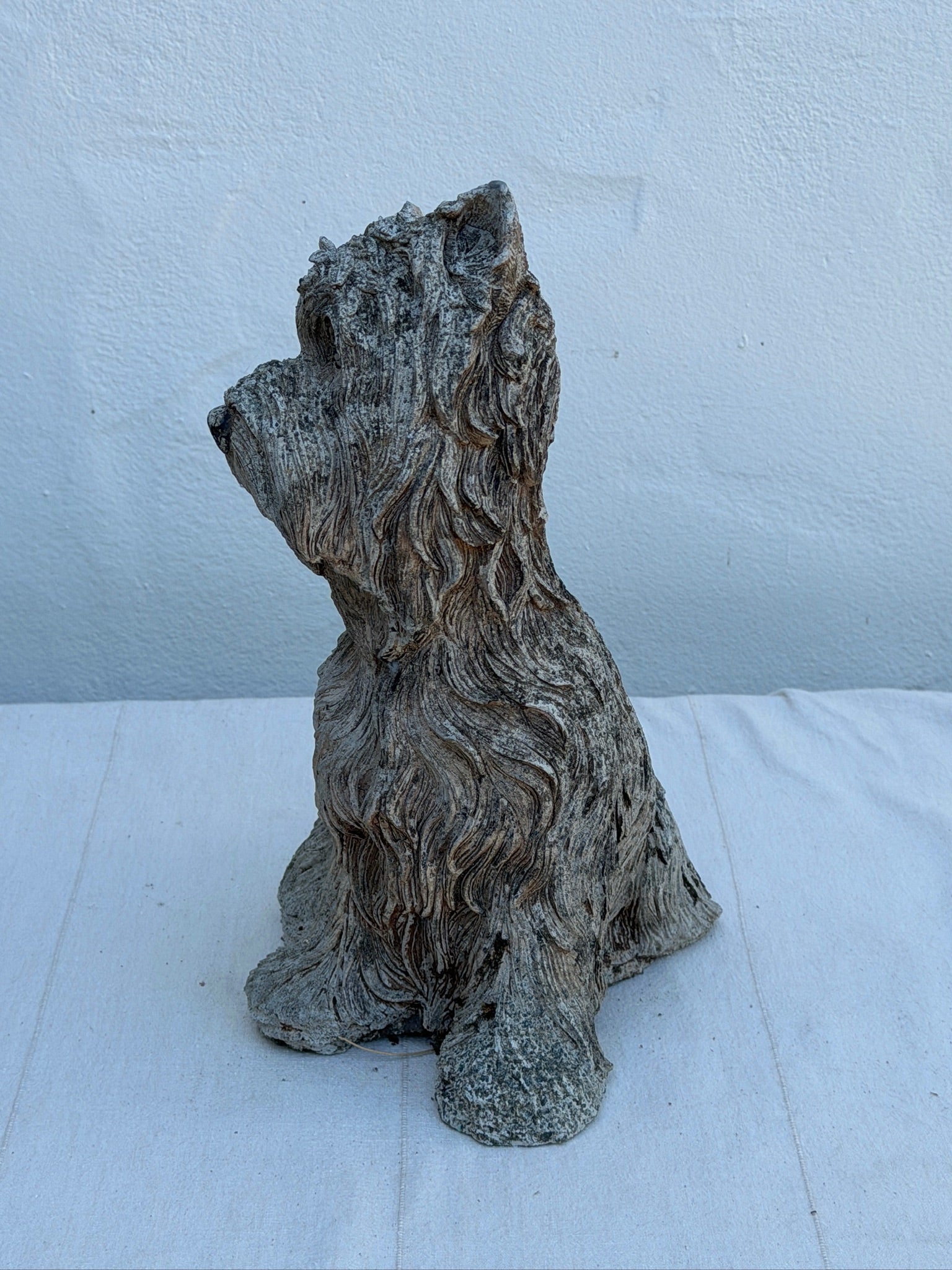 Weathered Concrete Terrier Dog Garden Statue with Hand-Finished Textured Fur