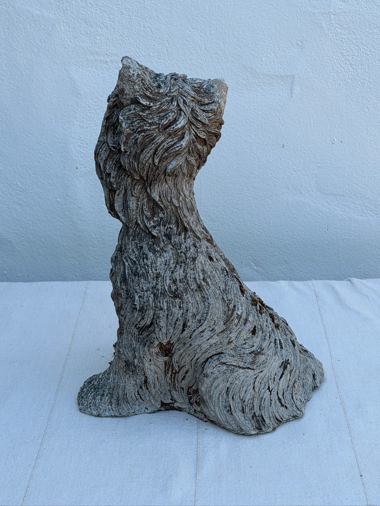 Weathered Concrete Terrier Dog Garden Statue with Hand-Finished Textured Fur