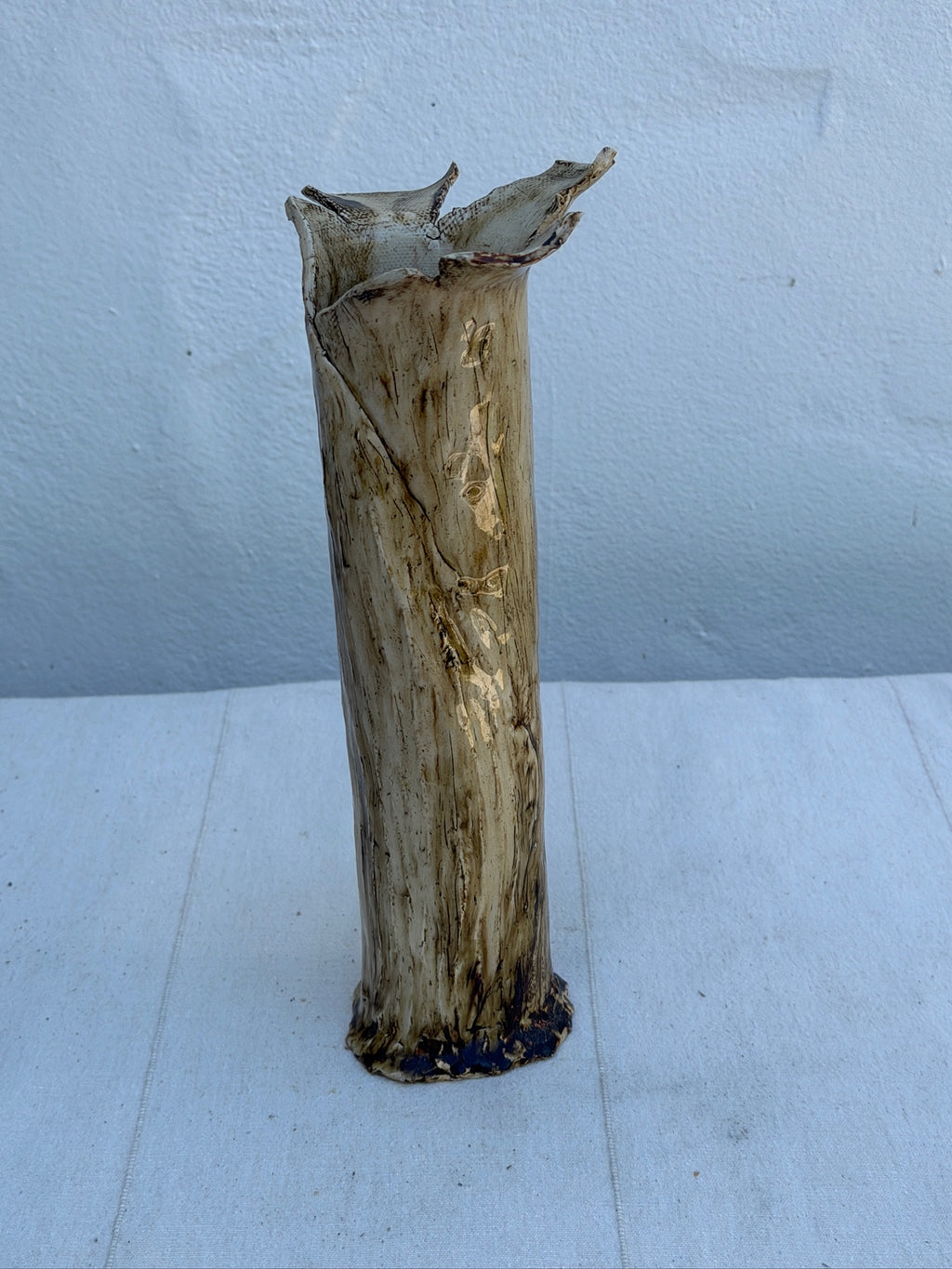 Handbuilt Textured Ceramic Tree Bark Vase with Ruffled Flower Rim
