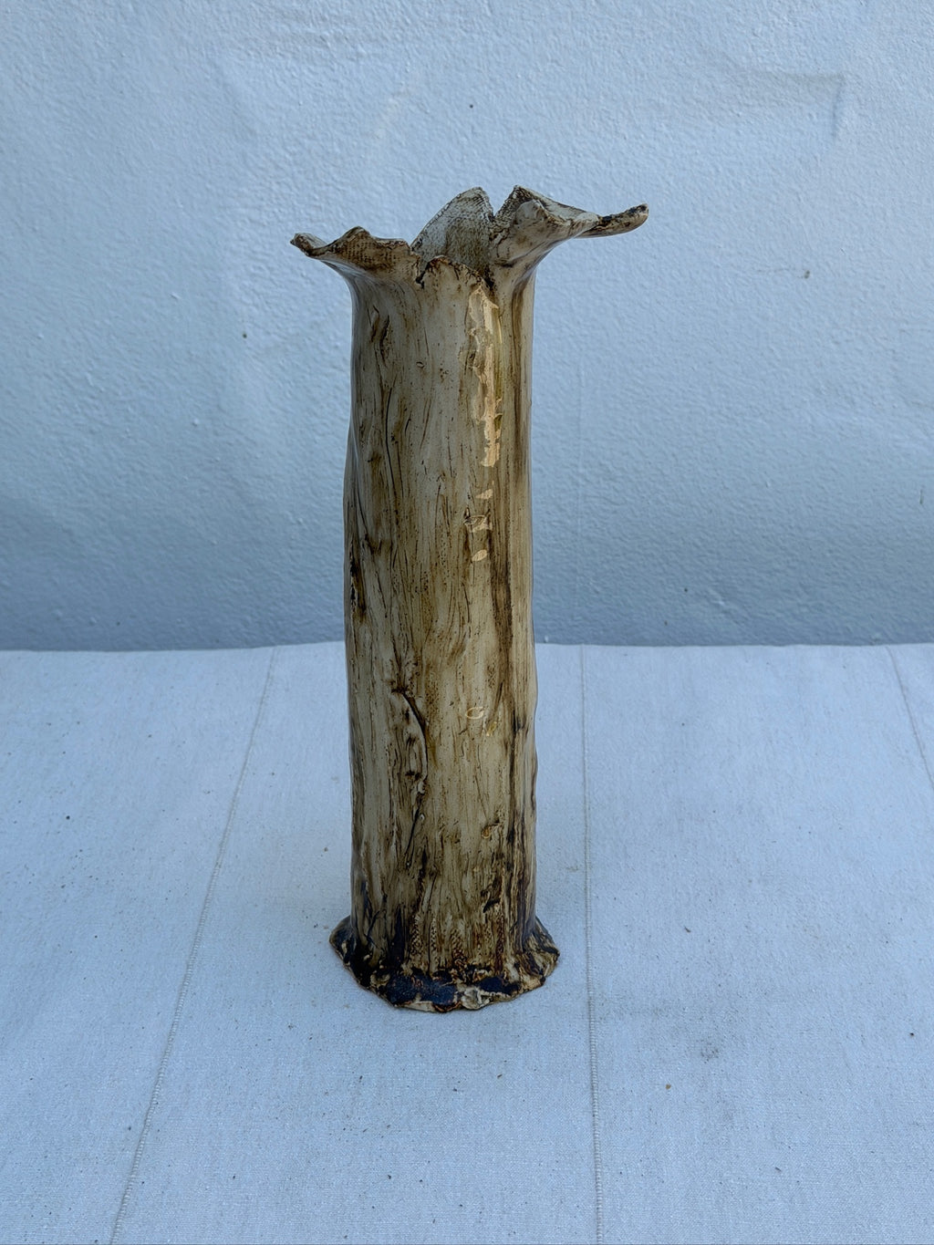 Handbuilt Textured Ceramic Tree Bark Vase with Ruffled Flower Rim