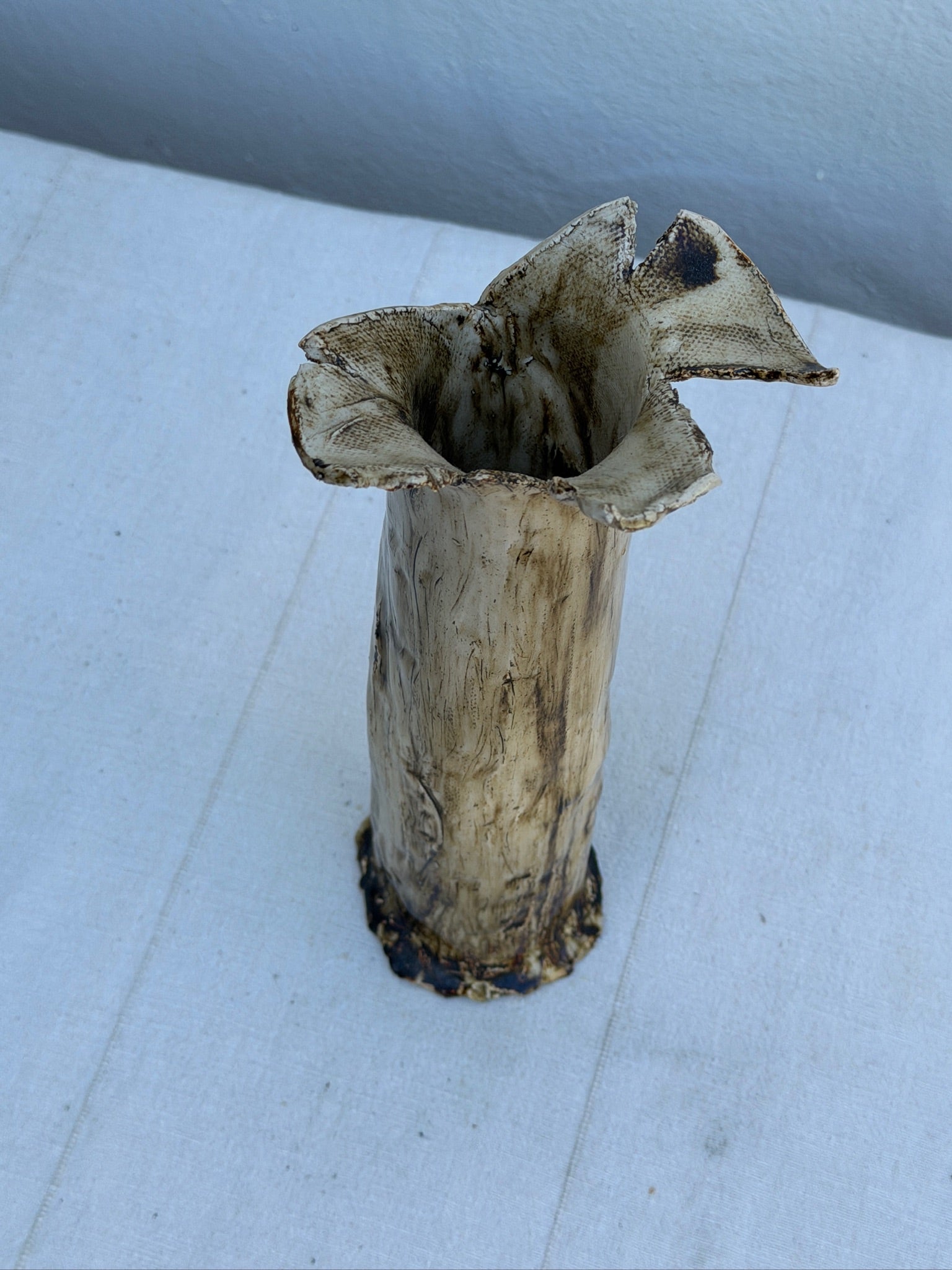 Handbuilt Textured Ceramic Tree Bark Vase with Ruffled Flower Rim