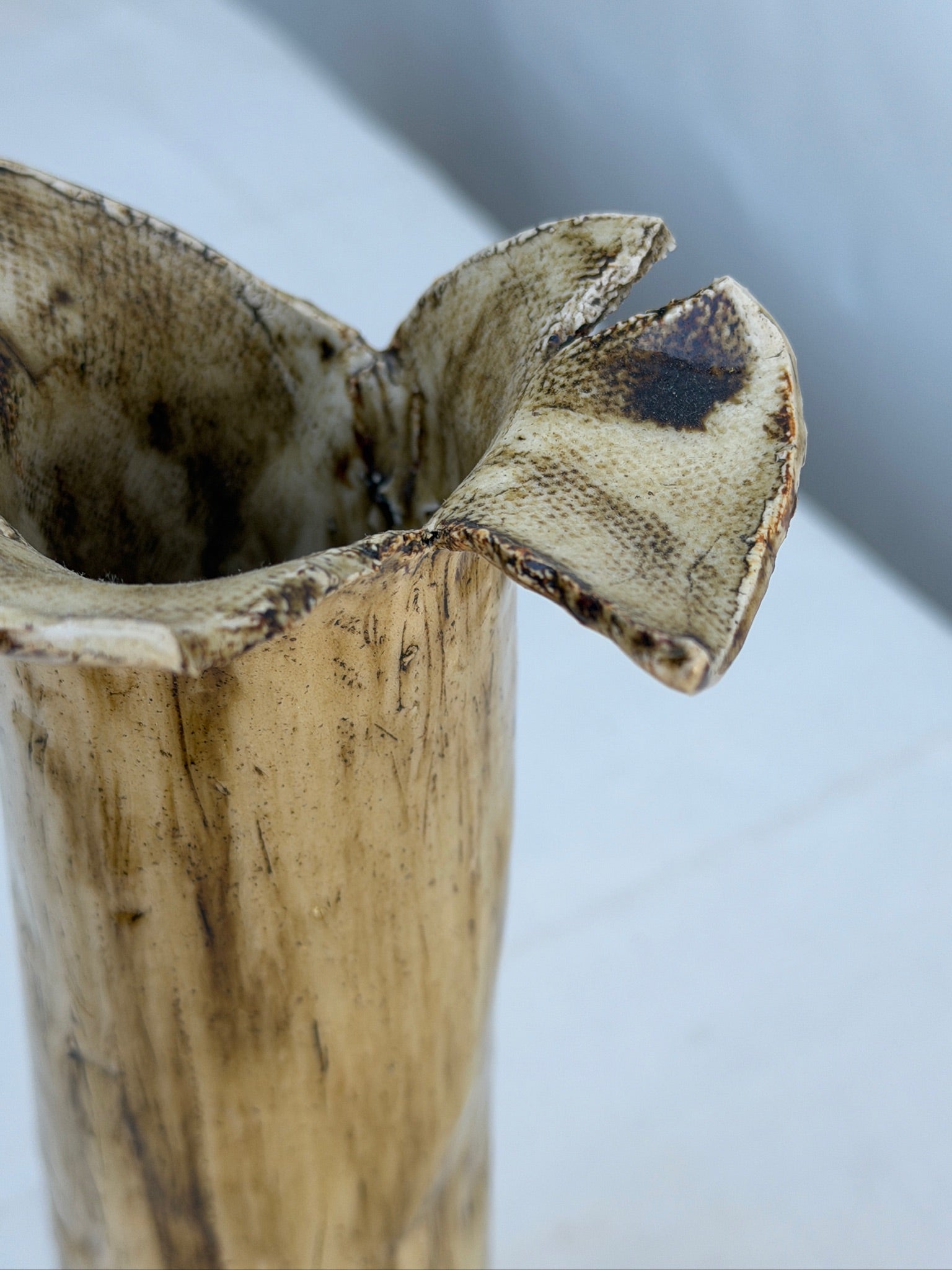 Handbuilt Textured Ceramic Tree Bark Vase with Ruffled Flower Rim